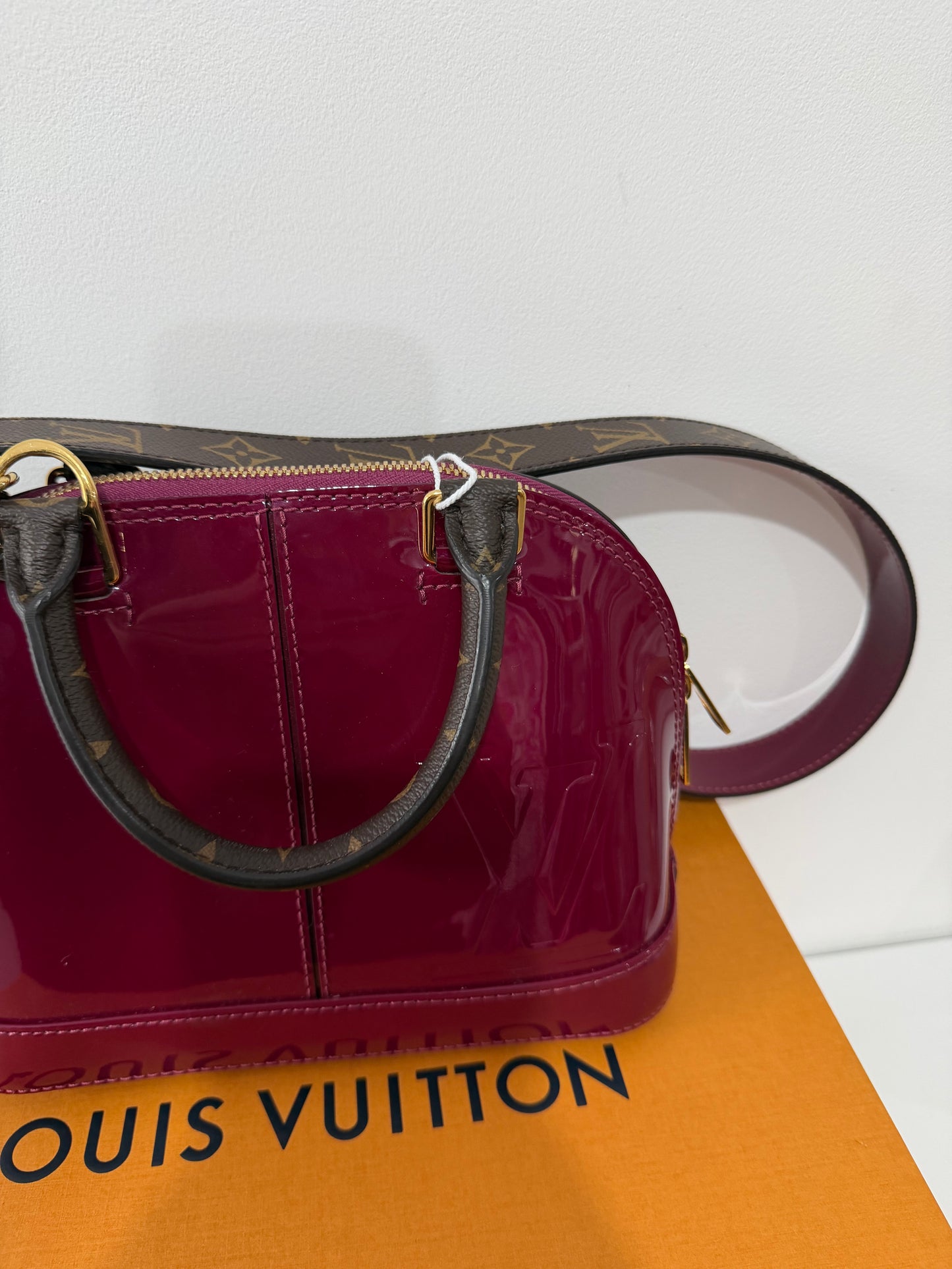 Pre-owned, Patent Burgundy and Monogram Louis Vuitton Alma BB Bag