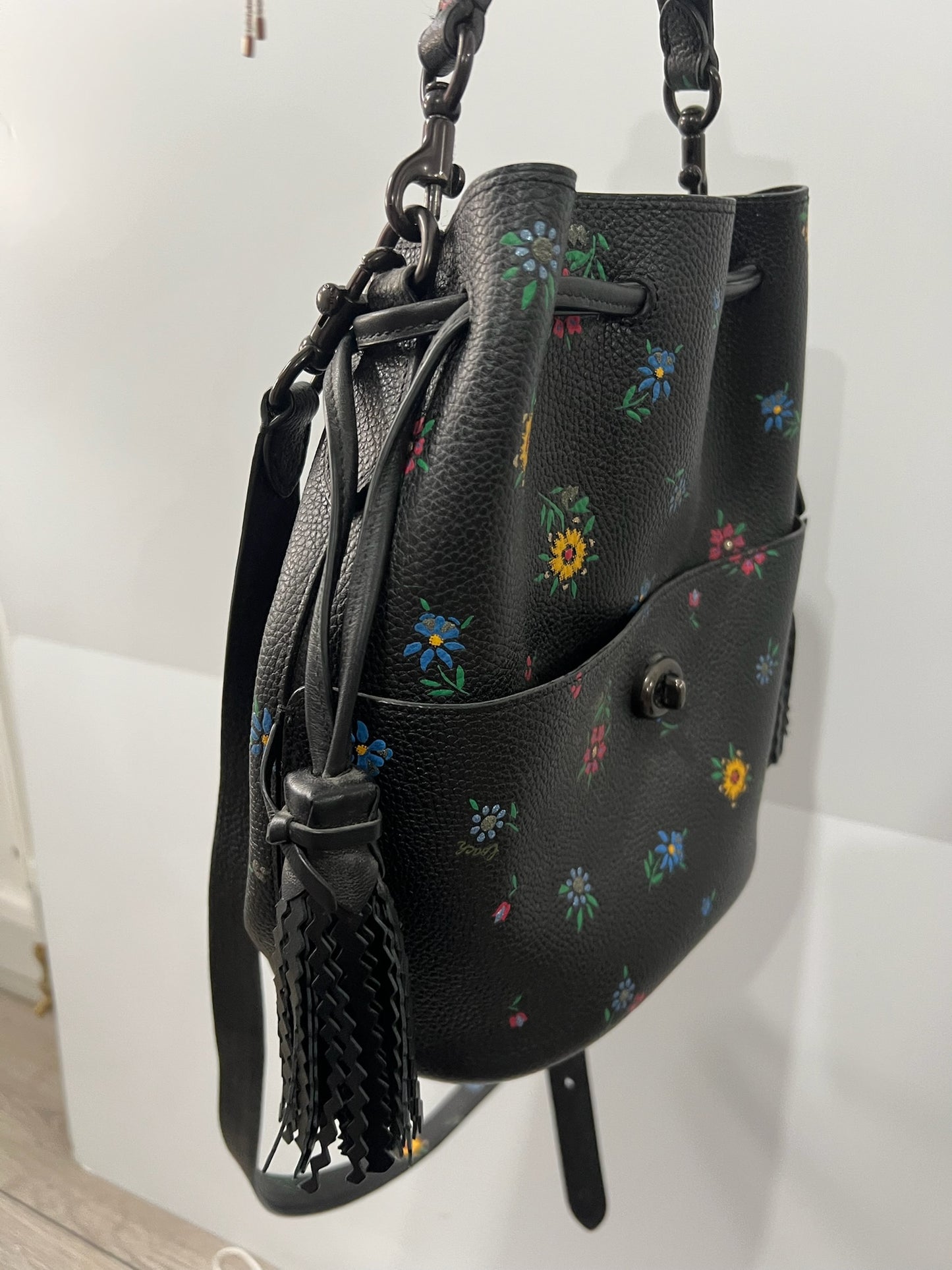 Flower Print Coach Handbag, Bucket Drawstring