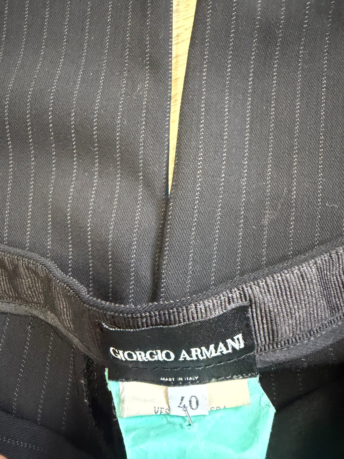 Preloved Giorgio Armani Suit, Size 8 Black Pinstripe