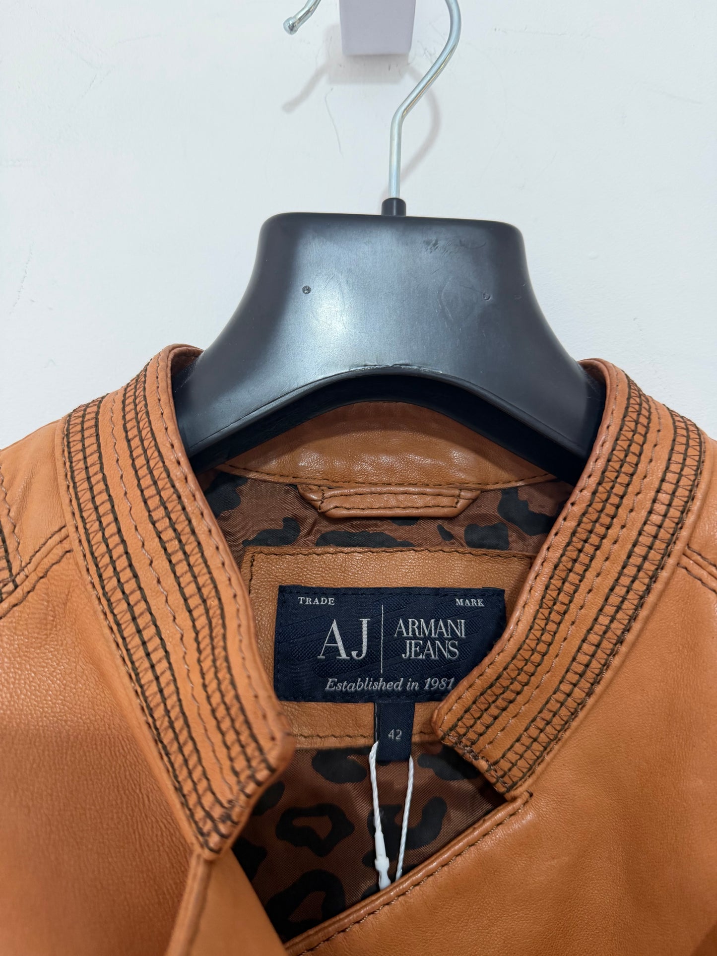 Preowned, Tan Brown Armani Jeans 100% Leather Jacket, Size 10 Fire Price