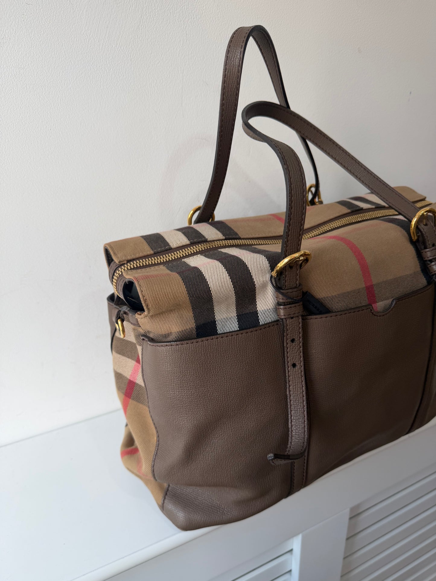 Preowned, NEW, Monogram and Leather Burberry Baby Bag