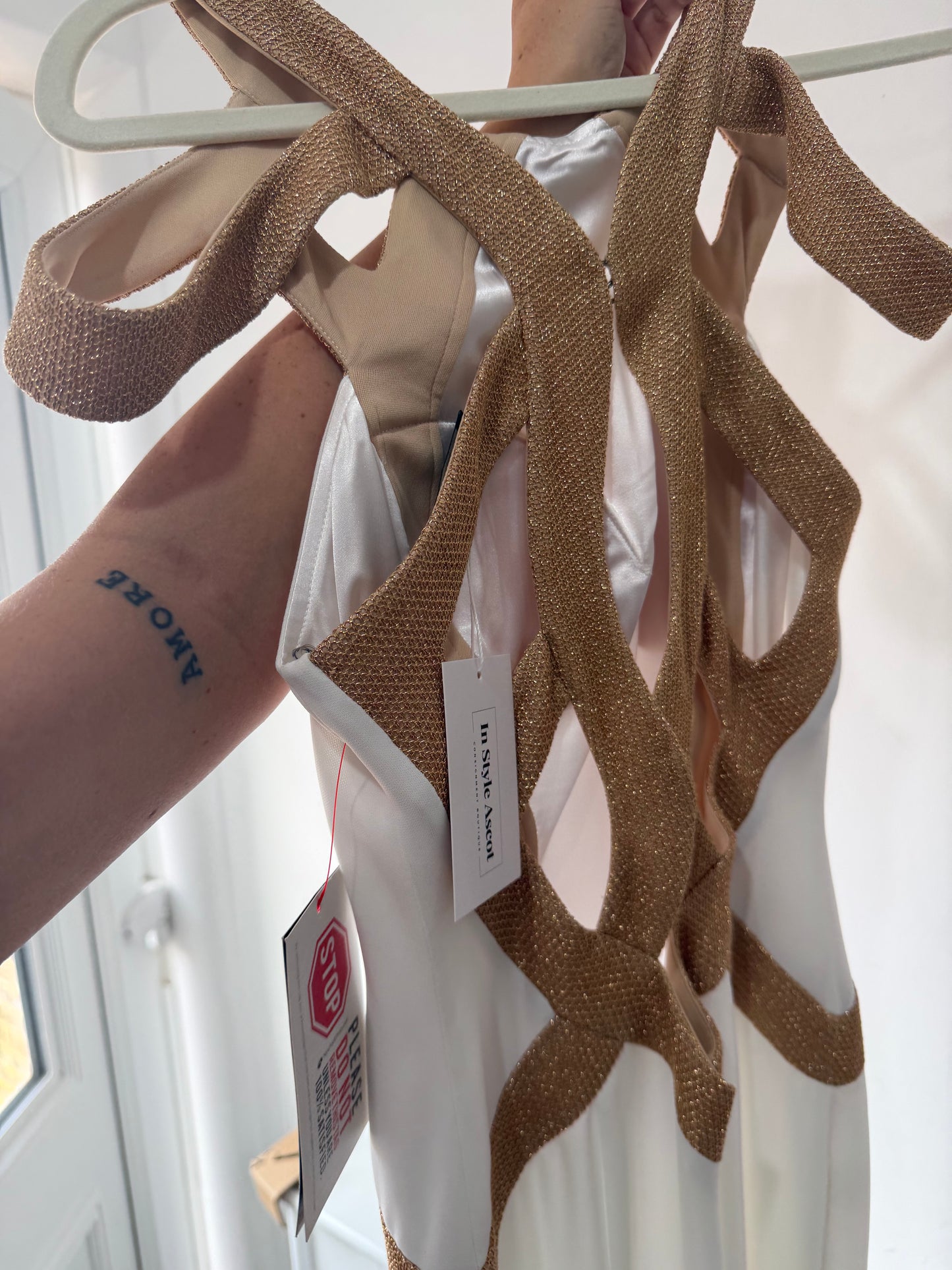Preloved, NEW, White and Gold saboroma Dress, Size UK 8