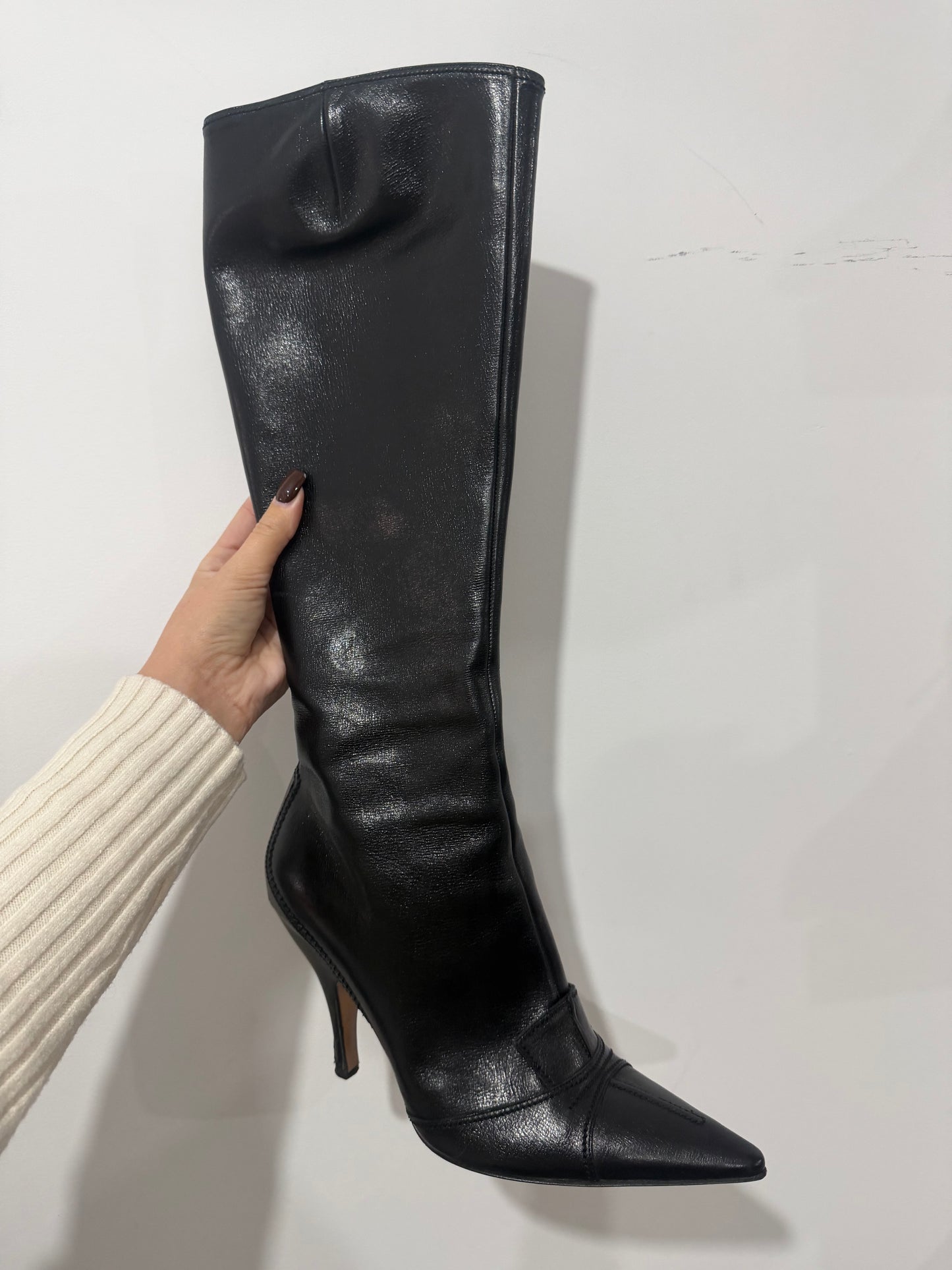 Black Leather Yves Saint Laurent Knee-High Boots, Size 40 UK 7
