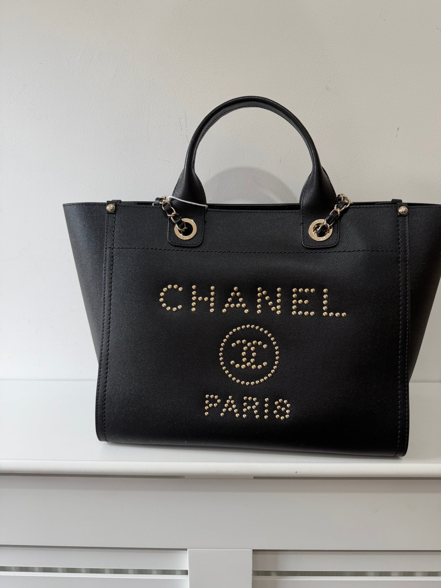 Preloved Chanel Handbag Tote Deauville Black and Gold Studded