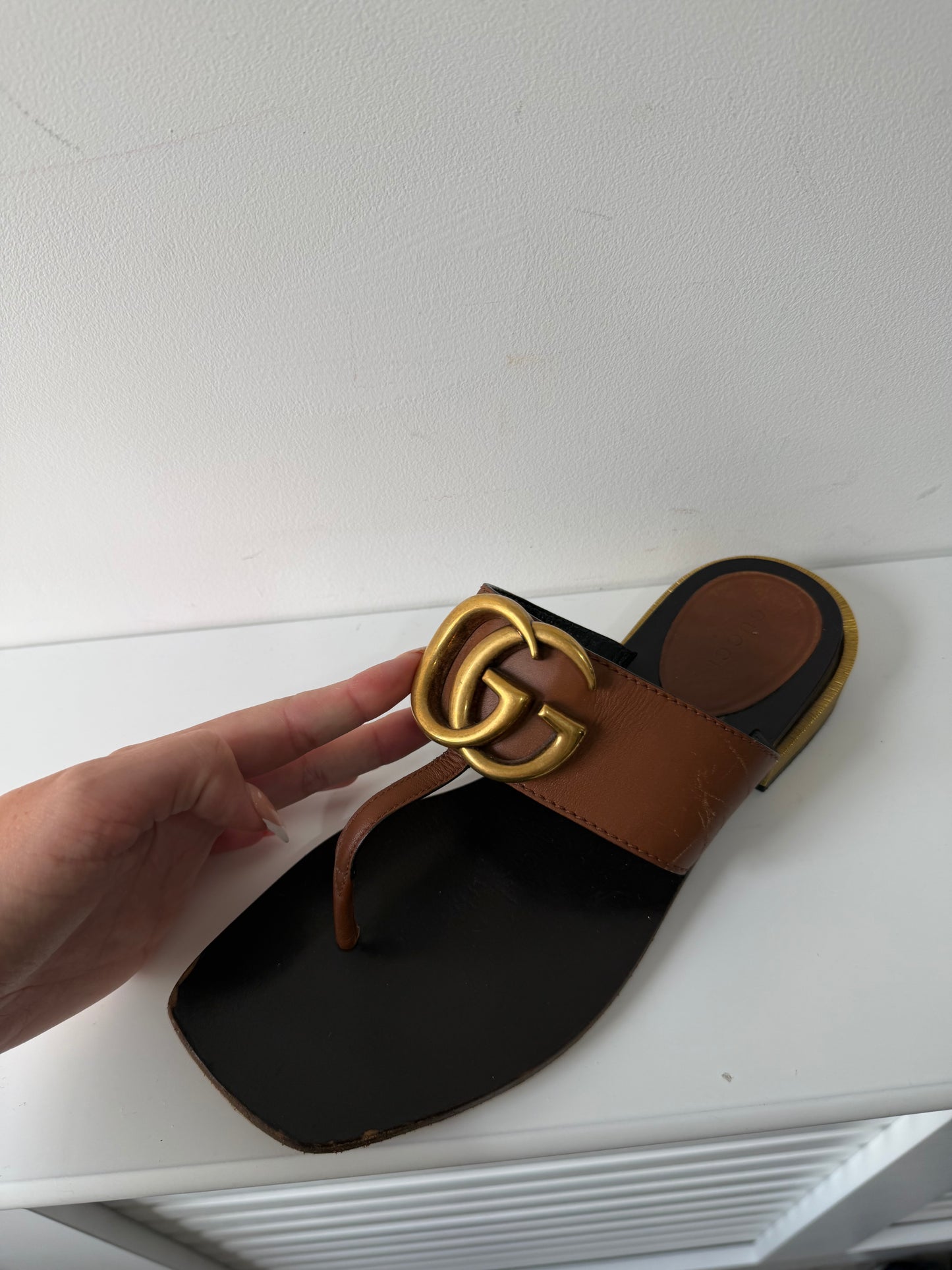 Preloved, Brown with Gold Hardware  Gucci Sandals, Size 38 - UK 5