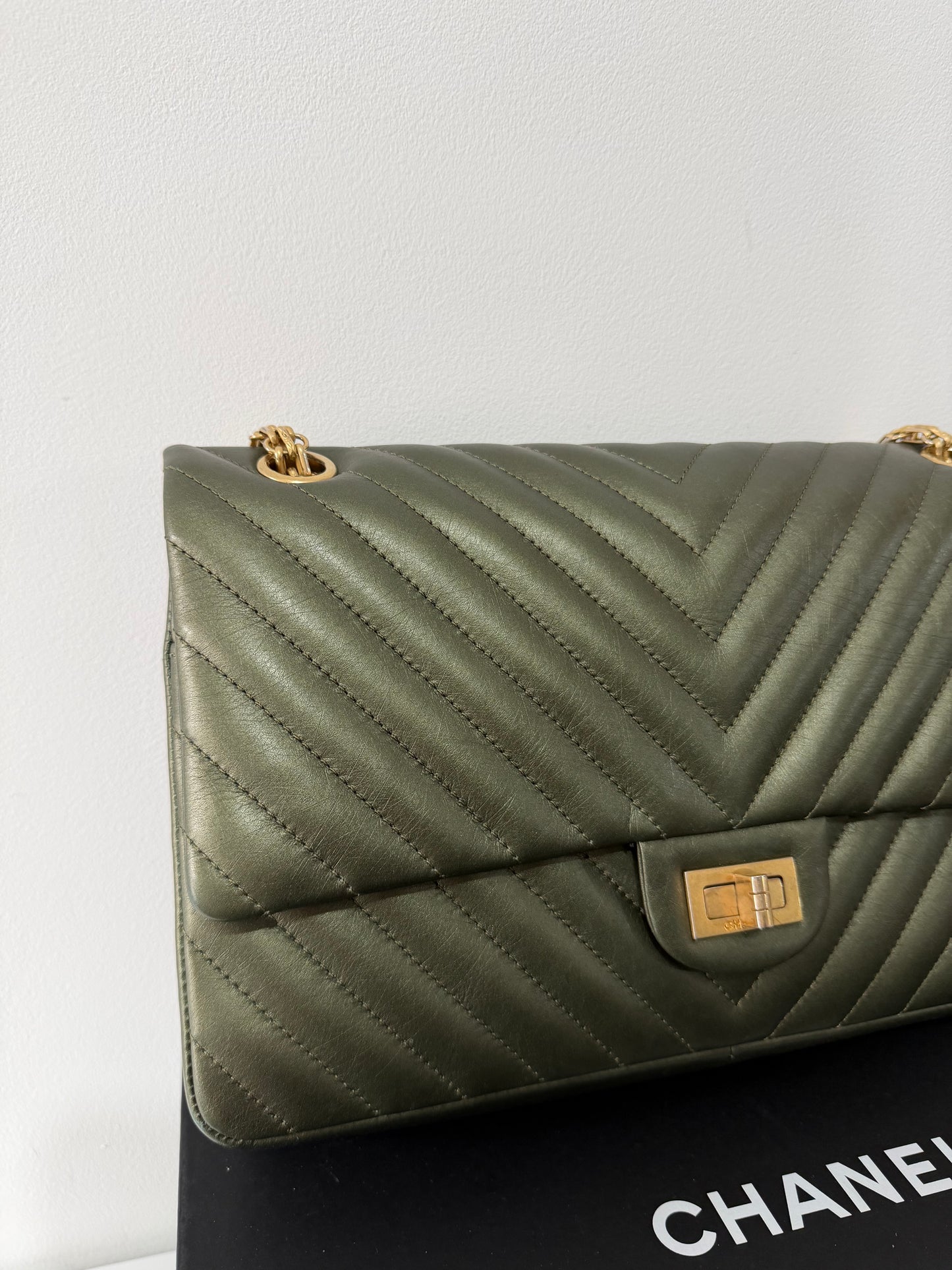 Pre-owned, Green Khaki Gold Hardware Chanel 2.55 Chevron 255 Bag