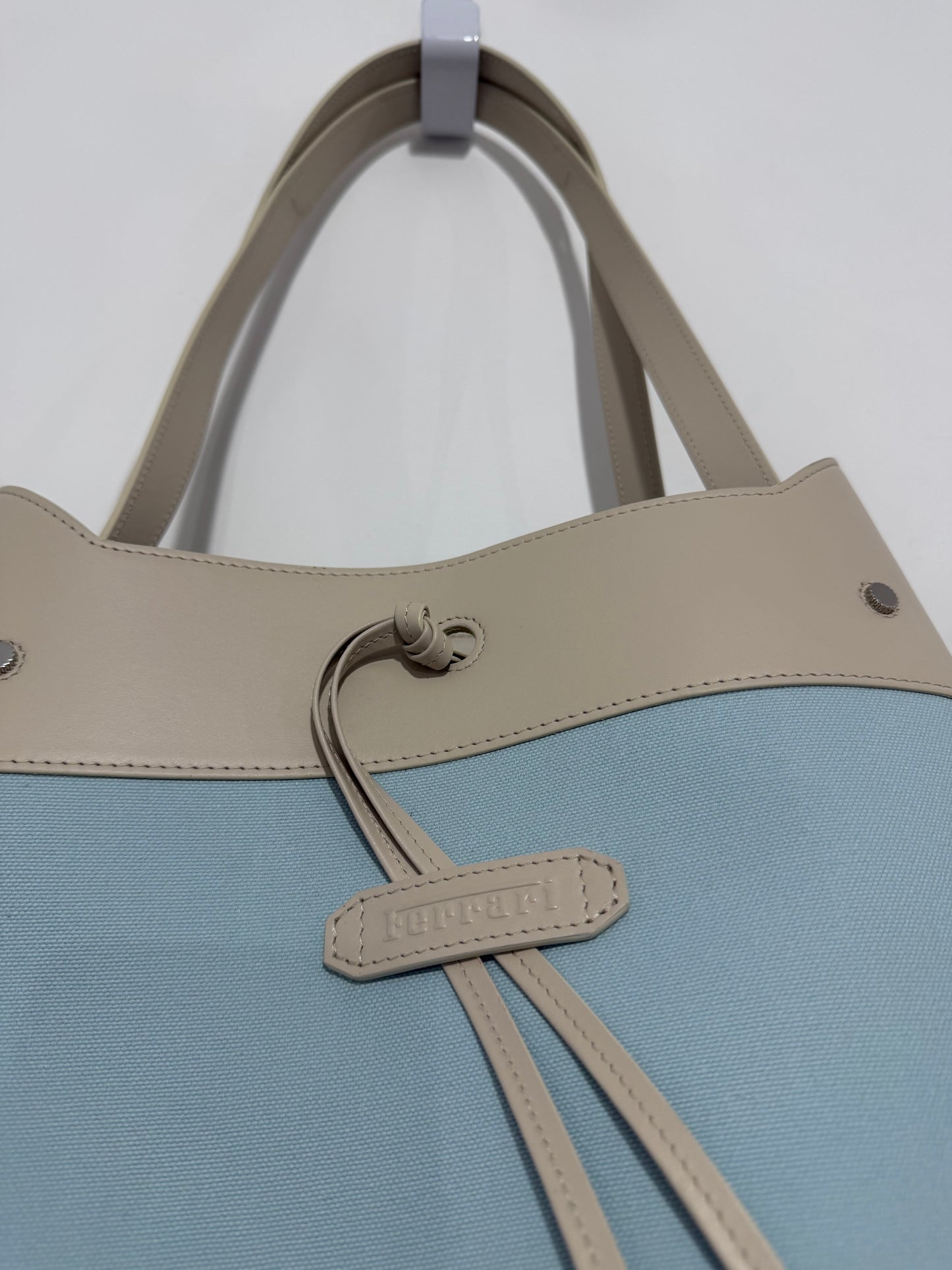 Pre-owned but New, Blue and Stone Leather Ferrari X Charles Leclerc Travel Tote, Large, BRAND NEW