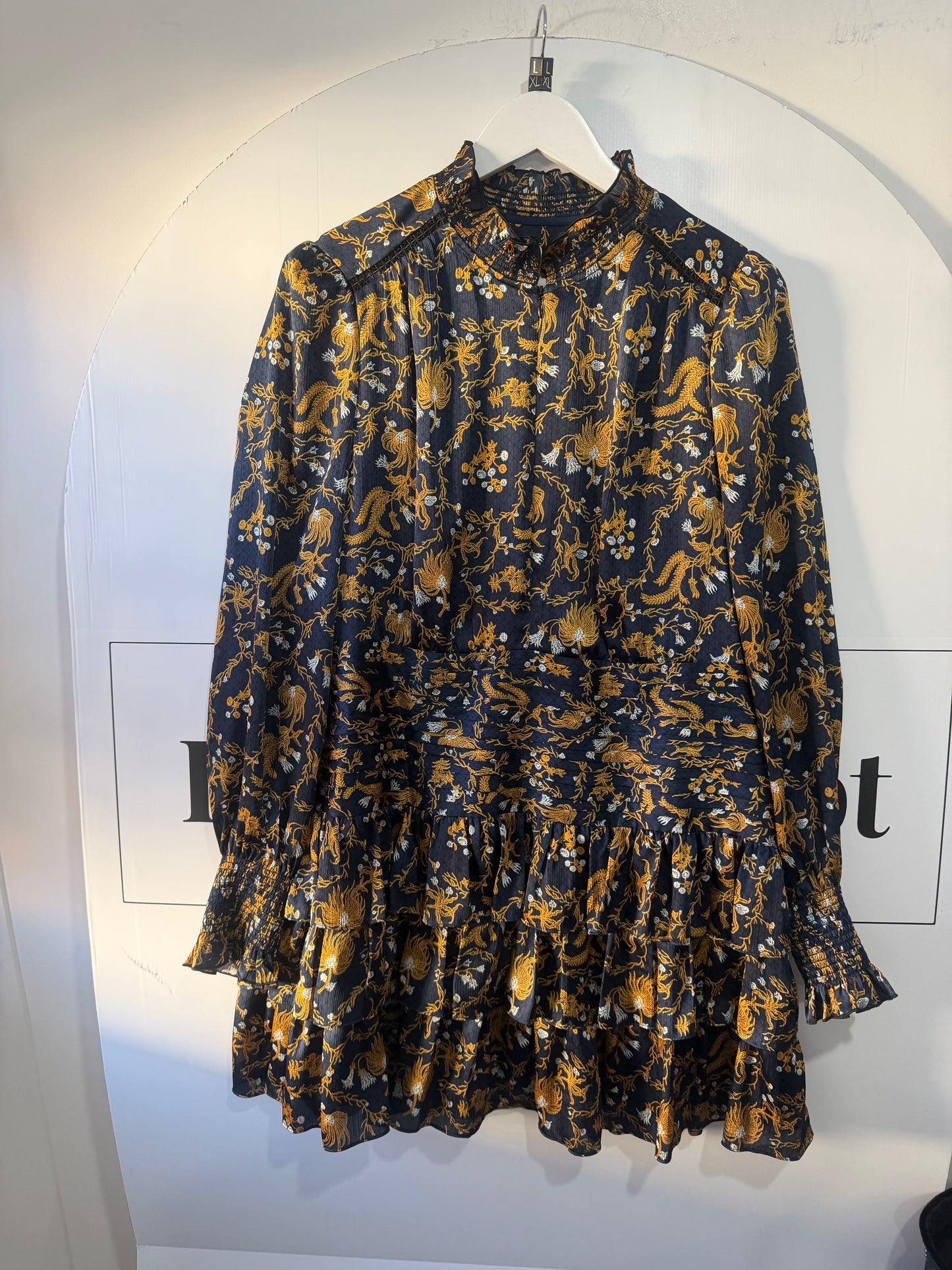 Gold Blue Satin Me + Em  Dress Long Sleeves, Size 16