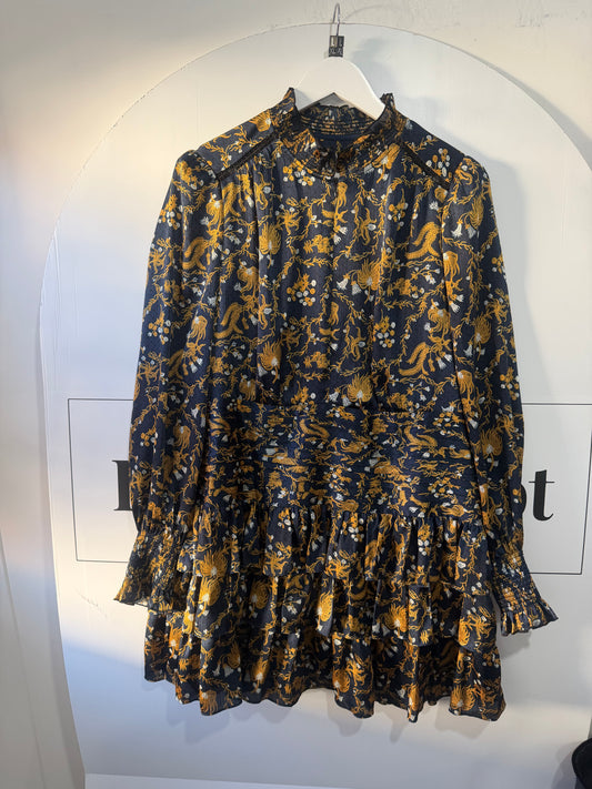 Gold Blue Satin Me + Em  Dress Long Sleeves, Size 16