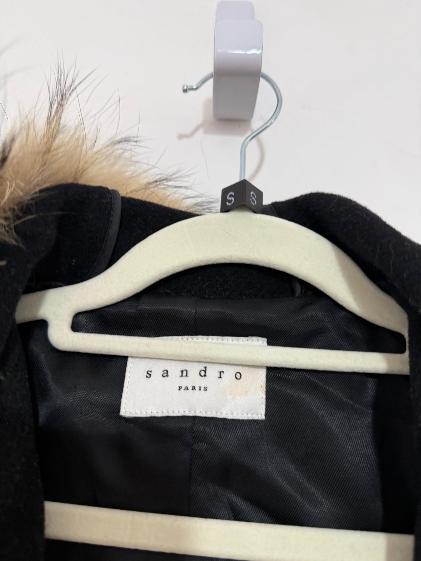 Preloved Sandro Coat Size 36 Uk 8 Black with fur hood