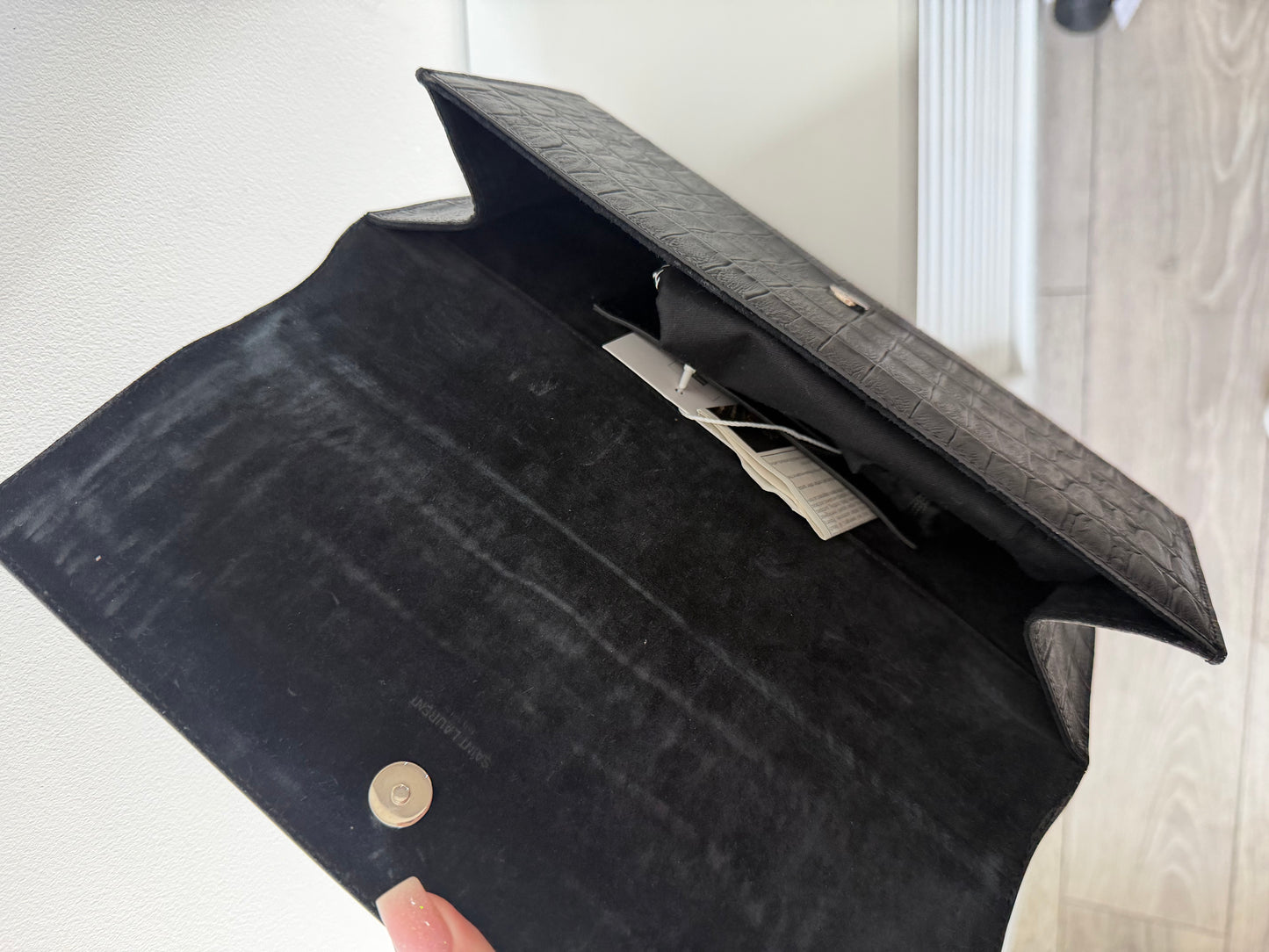 Preloved Black Leather YSL Clutch Silver Hardware