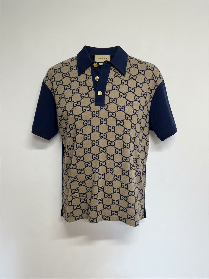 Preloved Gucci Polo Top Size XL Navy/Beige Monogram