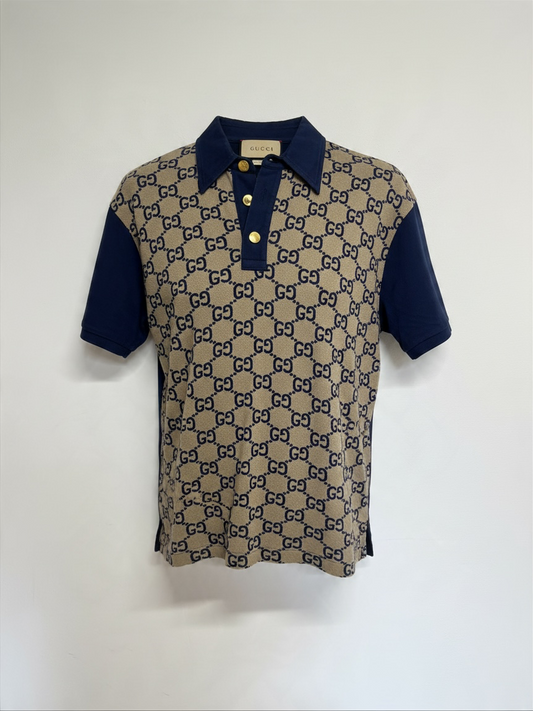 Preloved Gucci Polo Top Size XL Navy/Beige Monogram