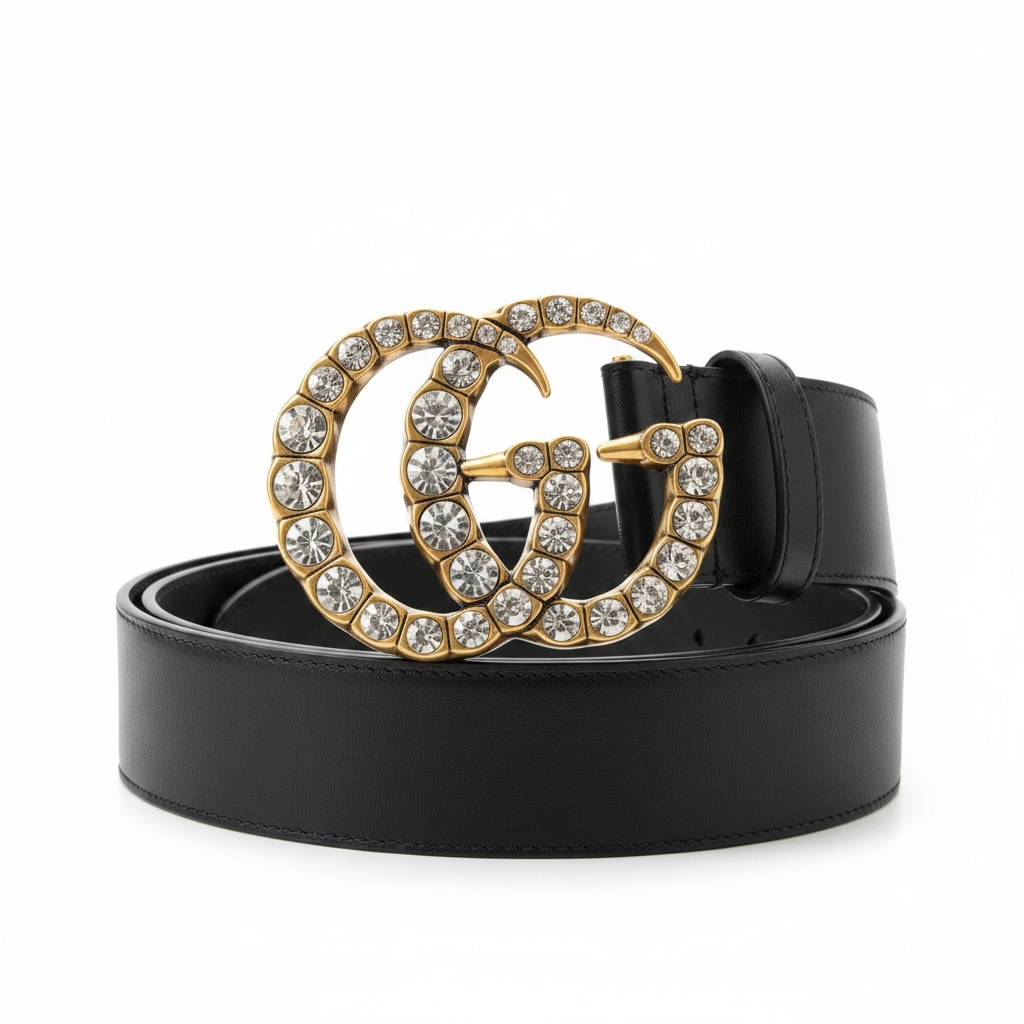 Pre-loved black with gold Gem Gucci Chunky belt, Size 95 W36