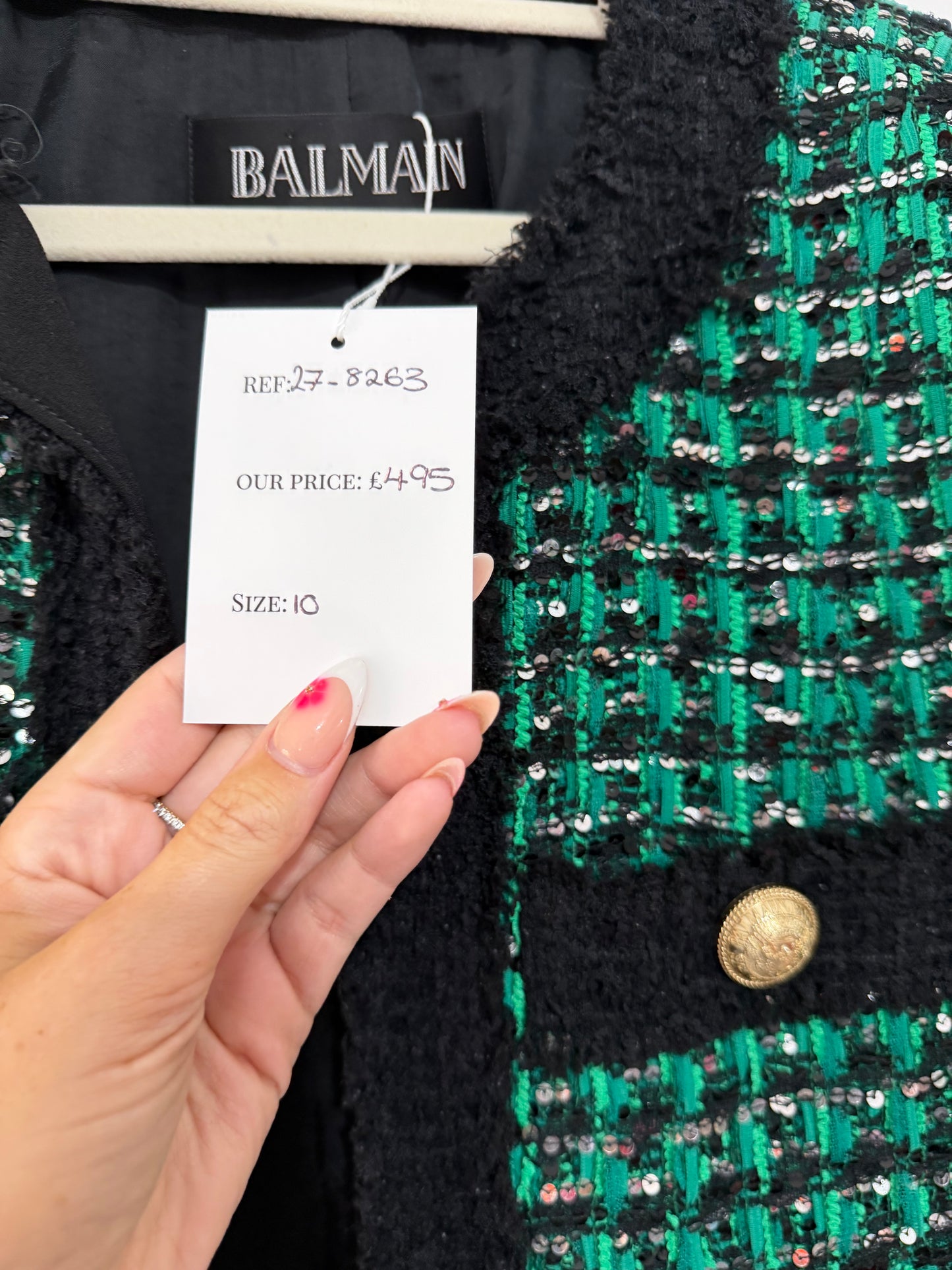 Peloved Green Balmain Boucle Tweed Jacket Blazer, Size 10