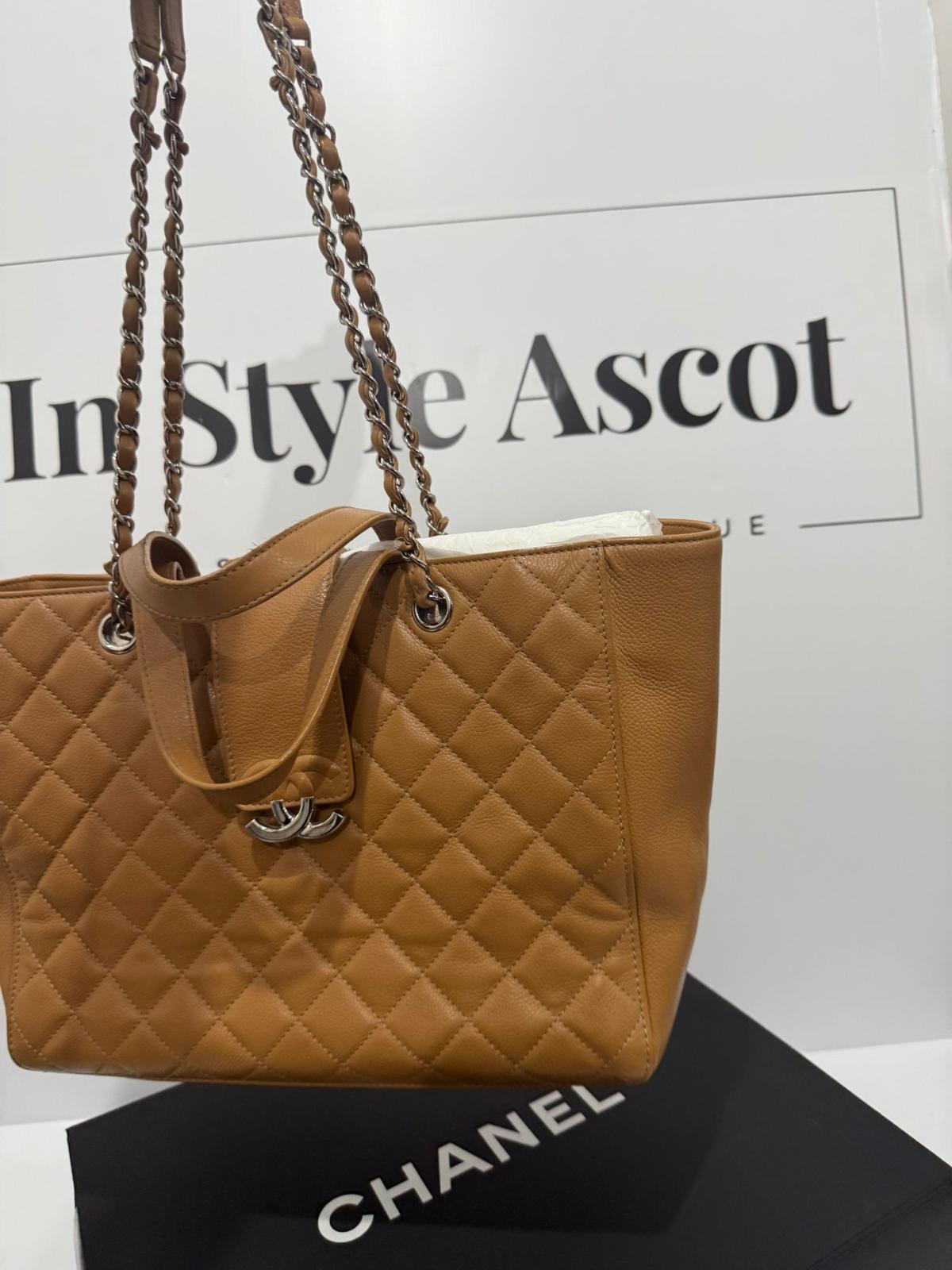 Chanel Tan Caviar CC Box Large Quilted Tote