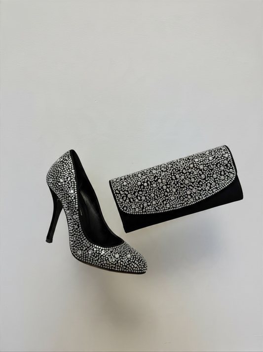 Preloved Gina Heels and Bag Set Size 7.5 - 40.5 Black and Silver Diamond