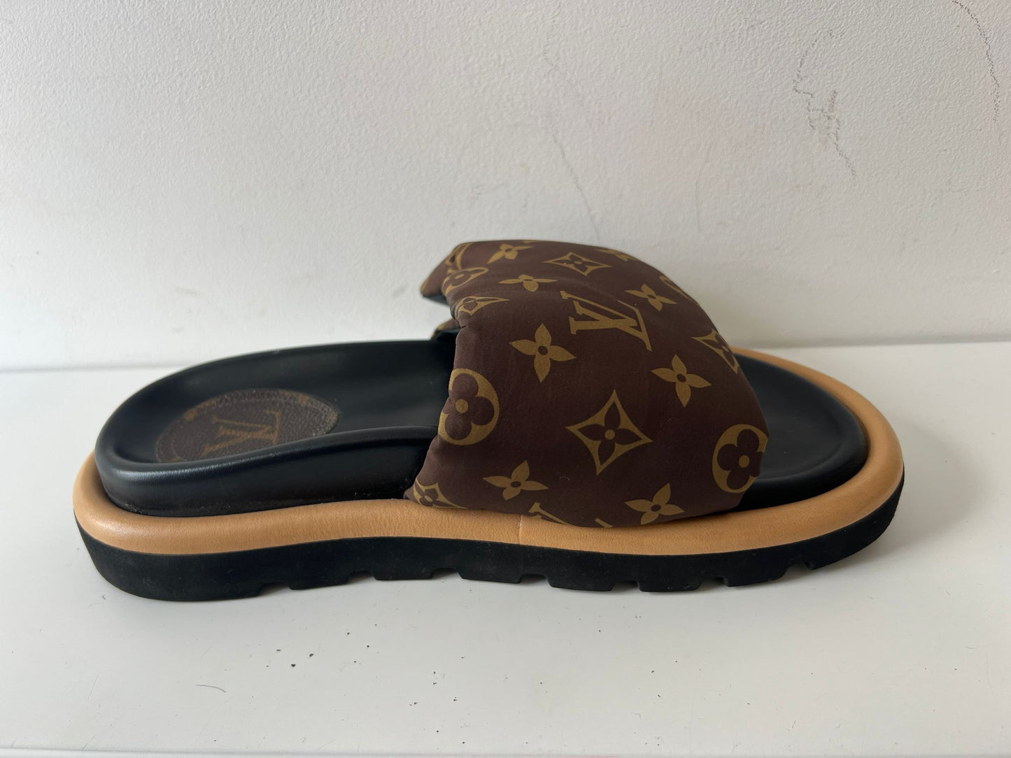 Preloved, Distinct Brown monogram nylon padded strap Louis Vuitton Pool Pillow Slides, Size 38 - UK 5