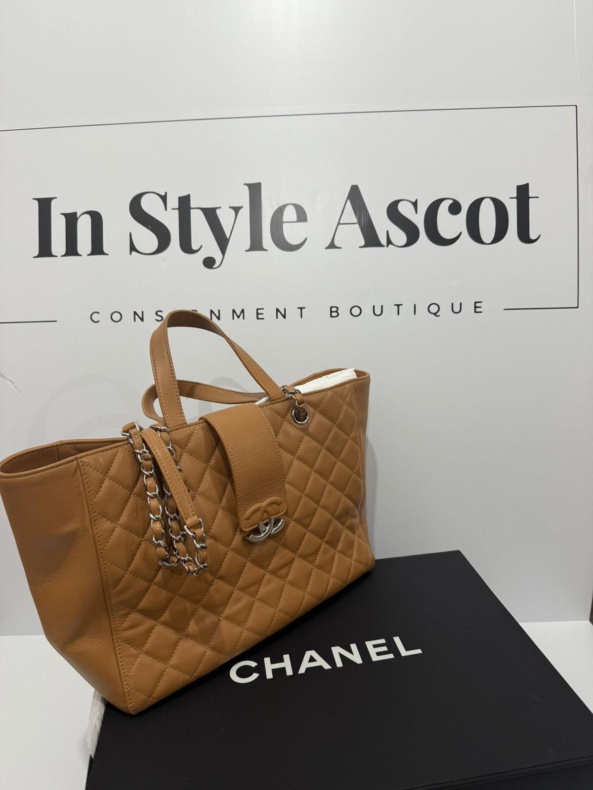 Chanel Tan Caviar CC Box Large Quilted Tote