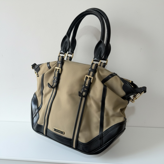 Preloved, Khaki with black leather  Burberry Tote Handbag, Small
