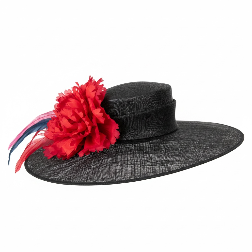 Preloved, Black with Red Feather Nigel Rayment Couture Hat Fascinator