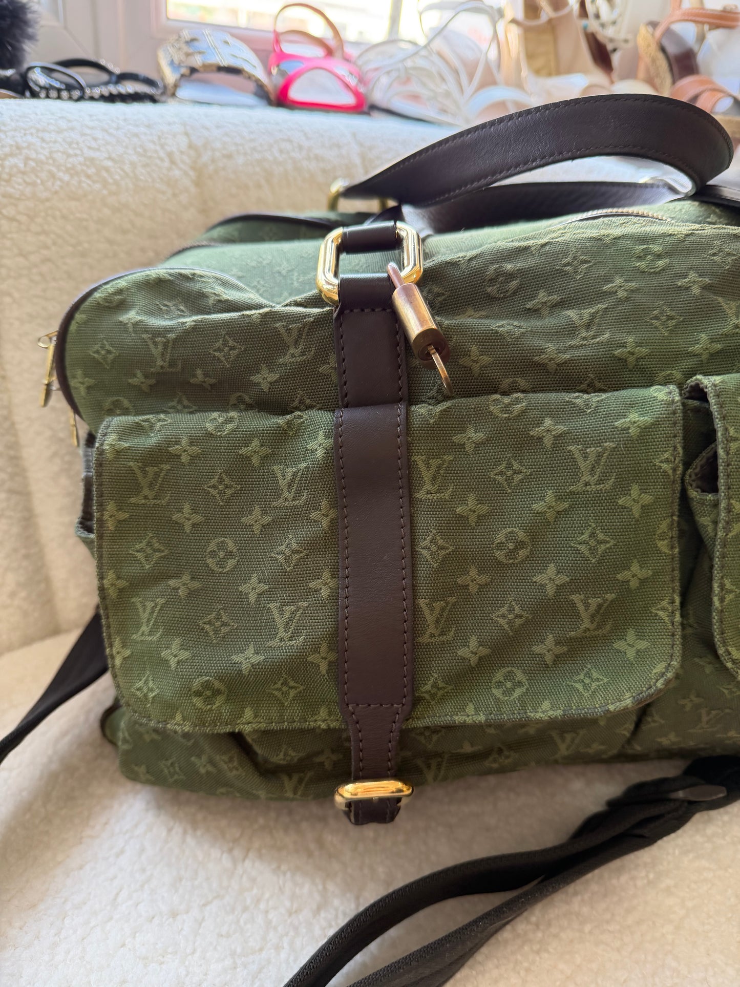 Preloved Green Denim Louis Vuitton Keepall Duffle, 45