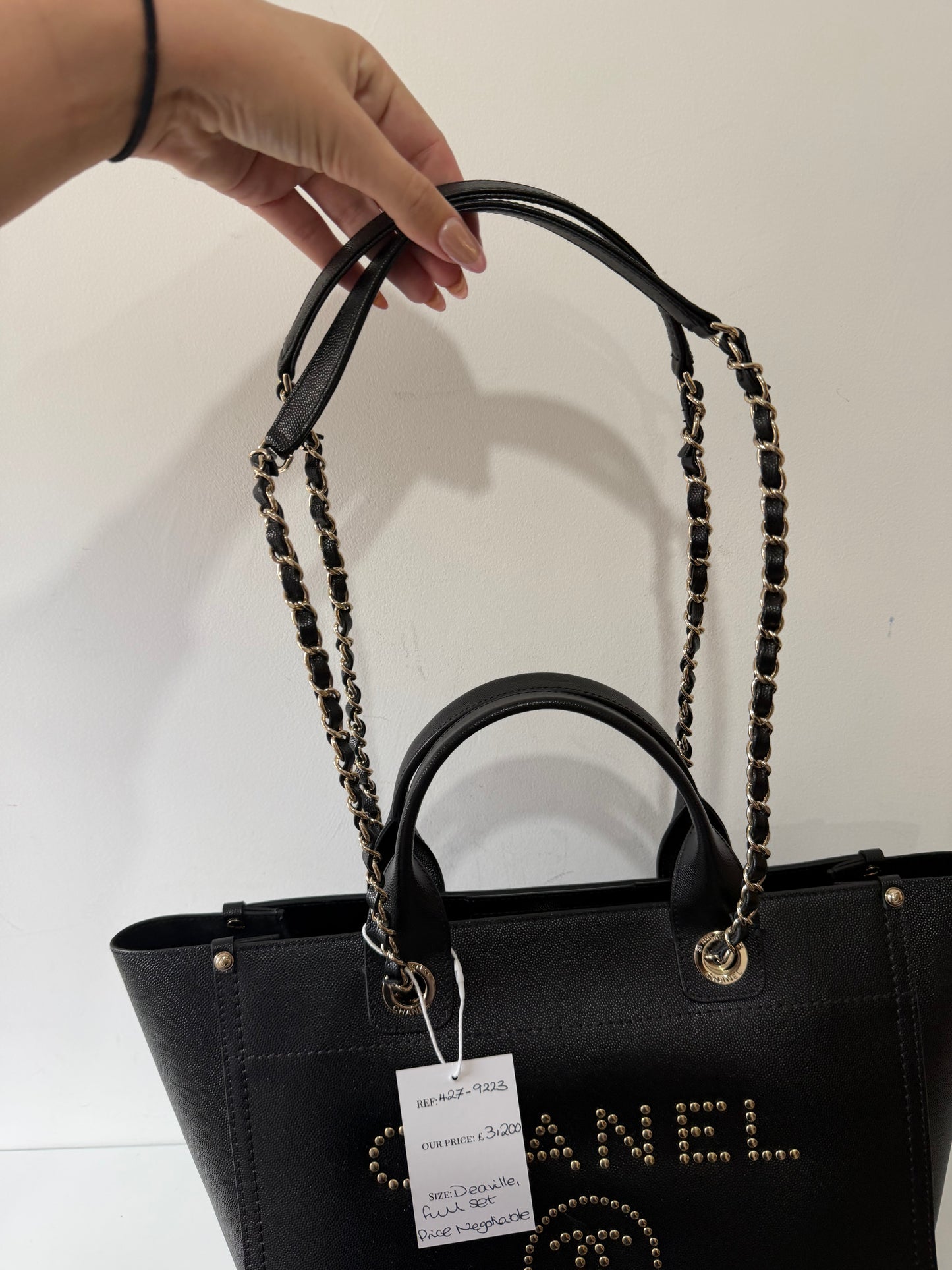 Preloved Chanel Handbag Tote Deauville Black and Gold Studded