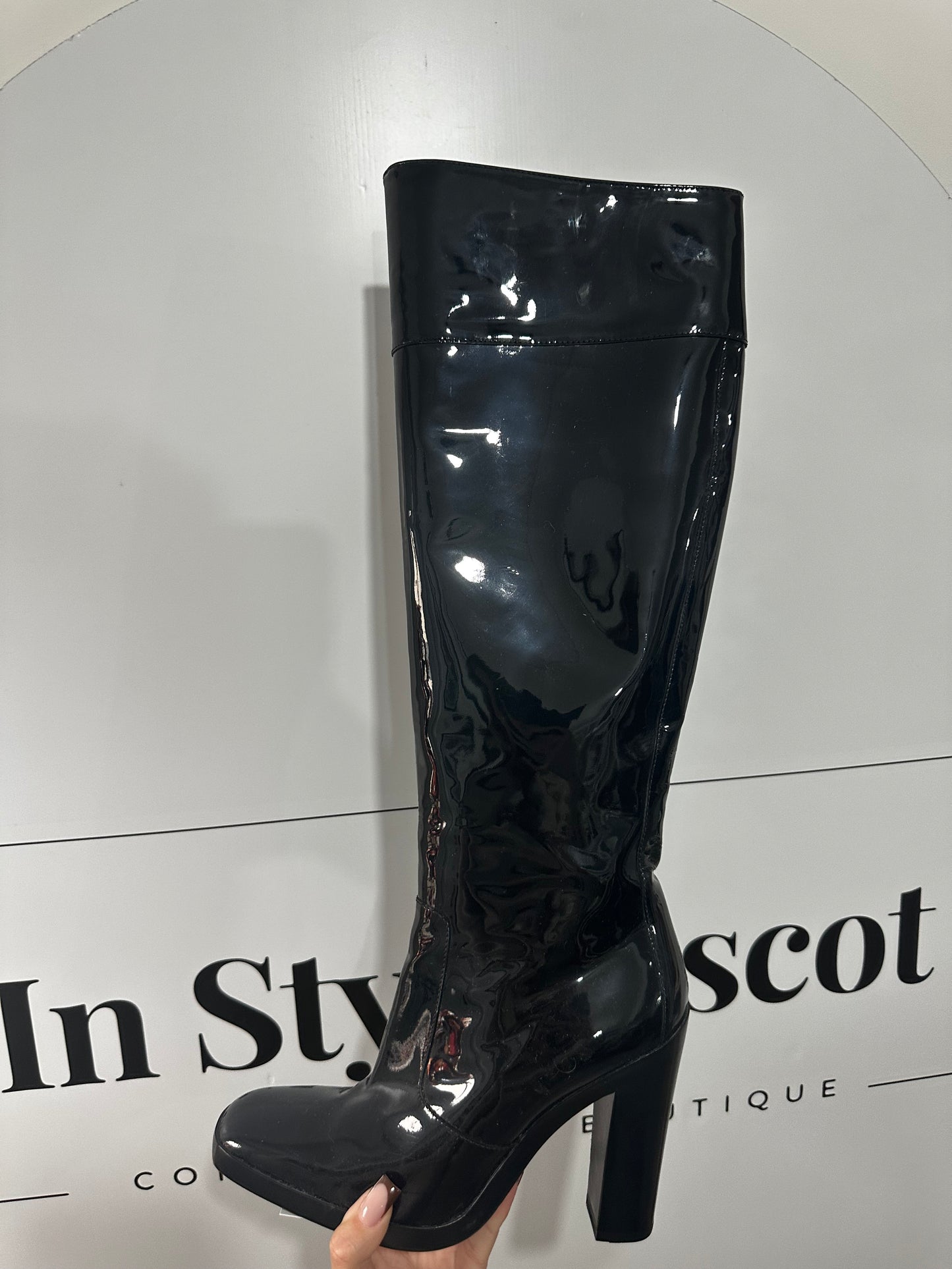 Patent Black Balenciaga Knee-High Boots, Size 5