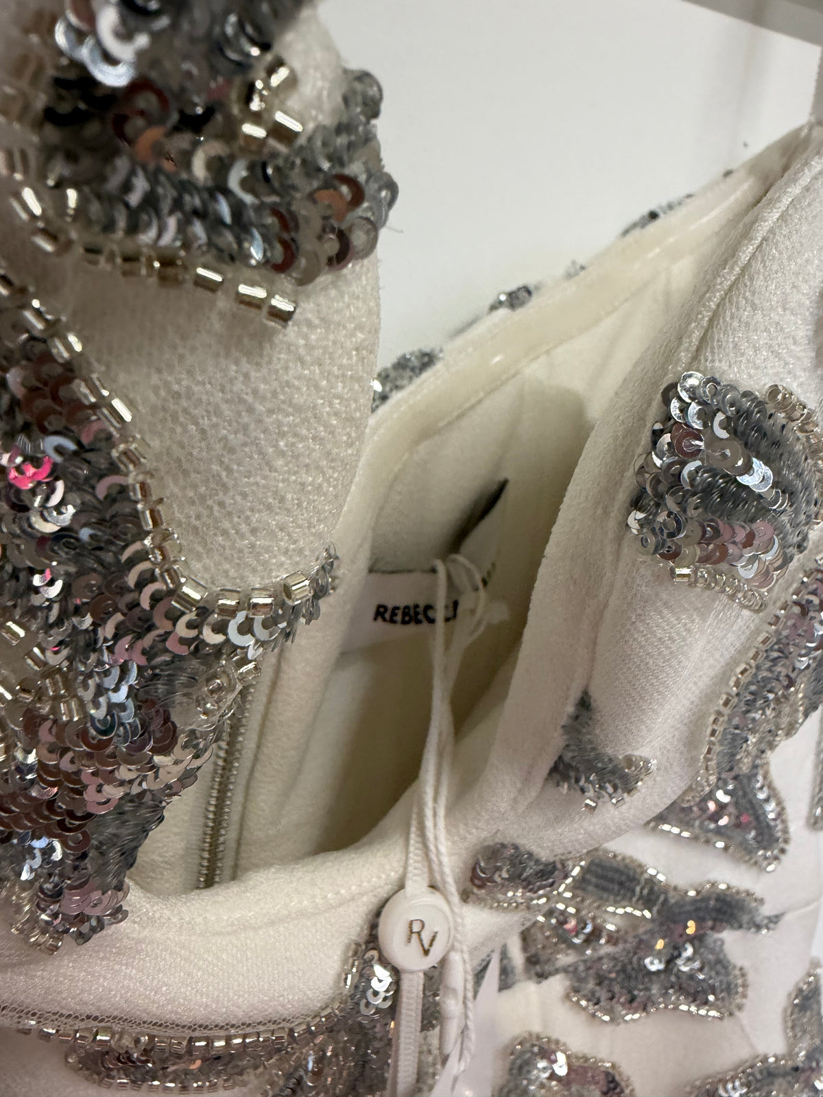 Preloved Rebecca Vallance Dress Size UK 8 White and Silver Sequin