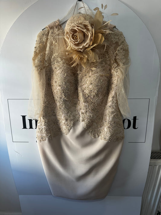 Cream/Beige Nataliya Couture Dress & Fascinator Set, Size 16-18