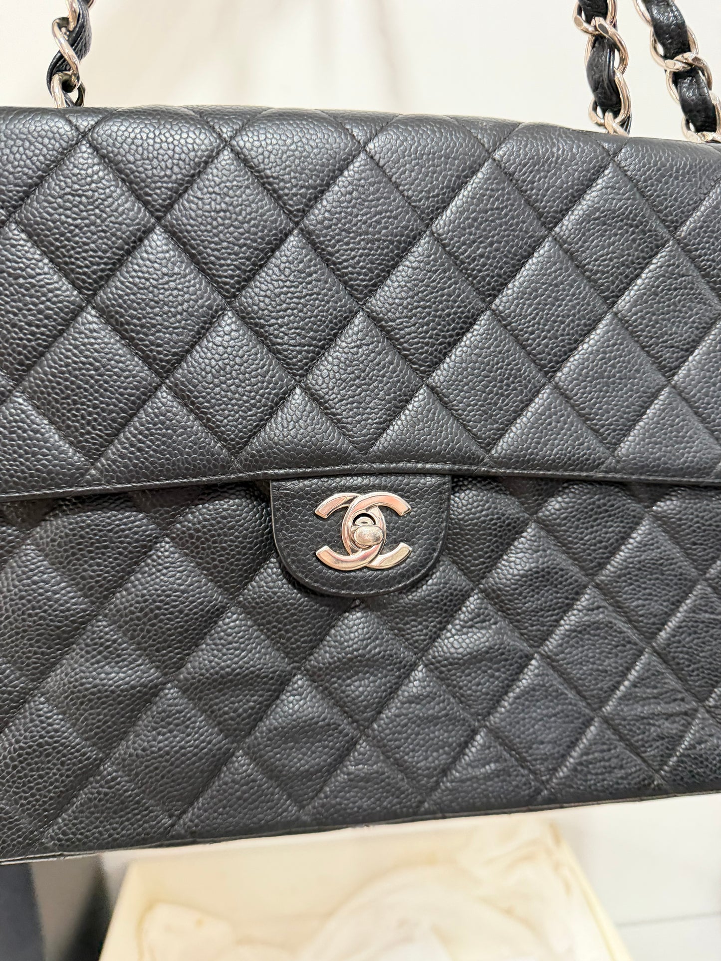 Preloved, Black Chanel Quilted Jumbo Single Flap Bag, Silver Hardware, Black Caviar Leather