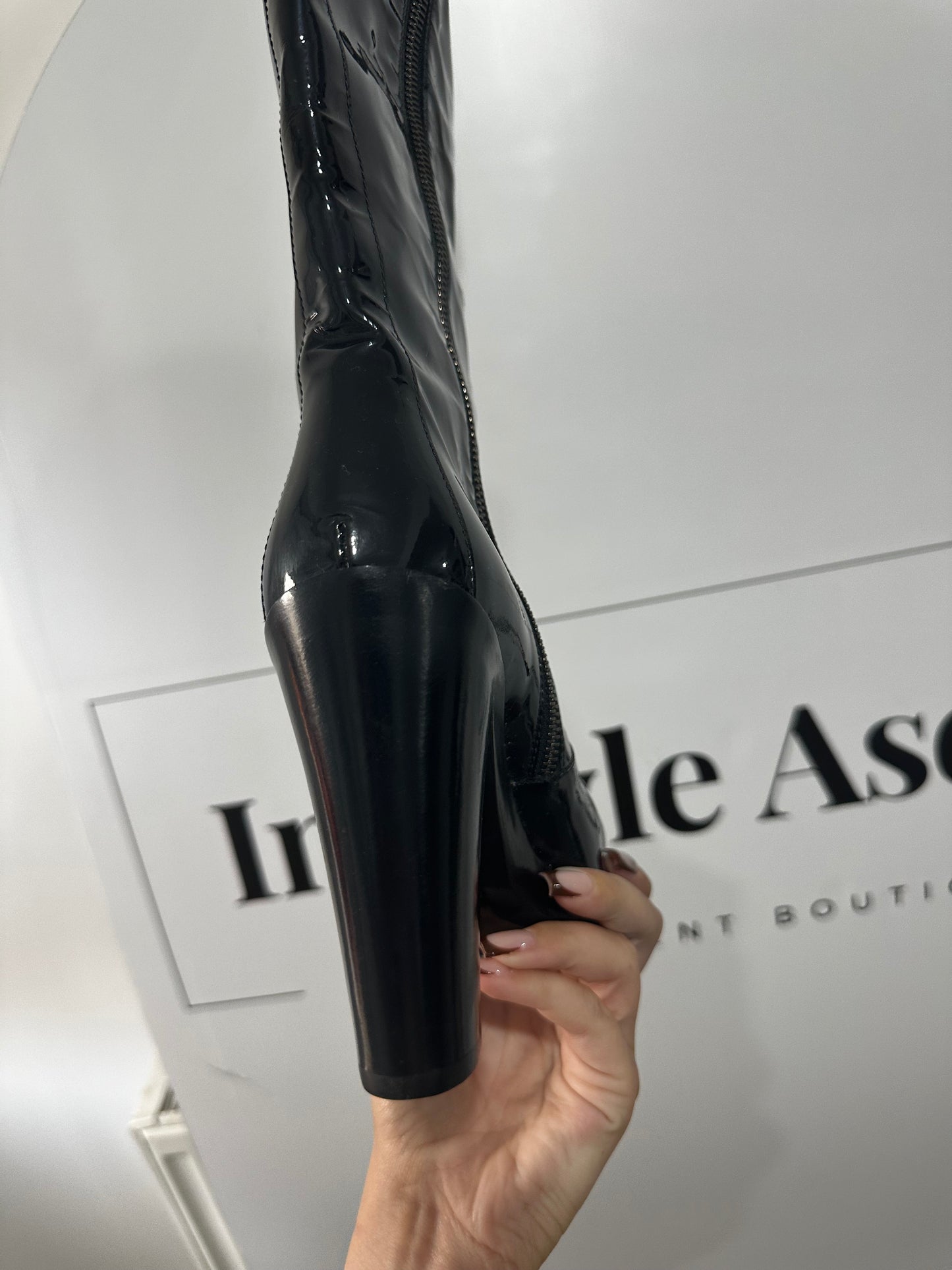 Patent Black Balenciaga Knee-High Boots, Size 5