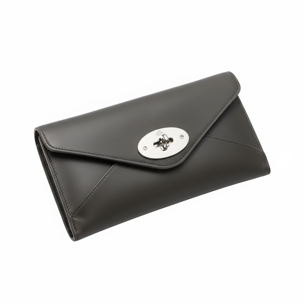 Envelope Mulberry Turn Lock Wallet, Grey with Silver Hardware