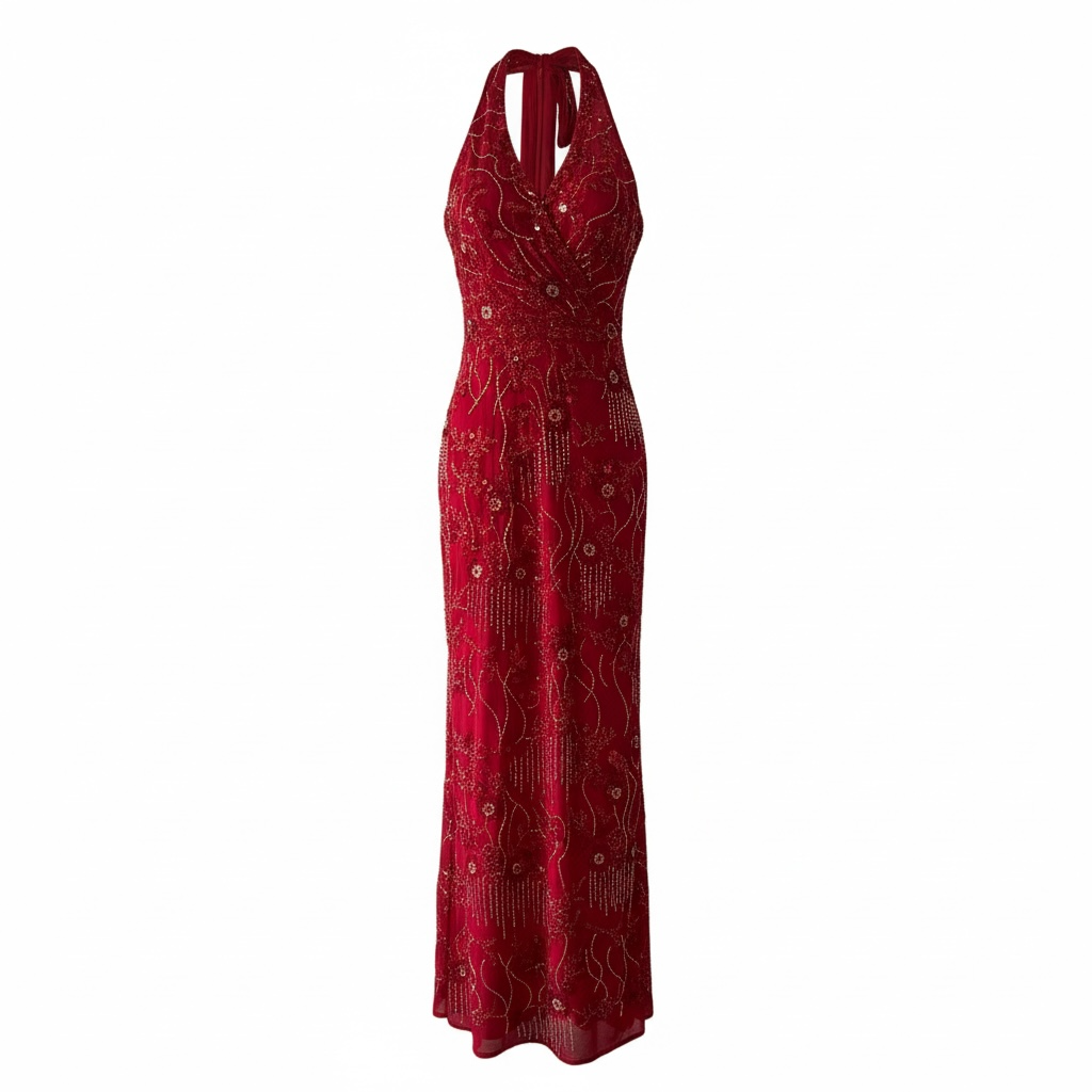 Pre-owned, Red Diamonte Sorelle UK Evening Dress, Size Medium