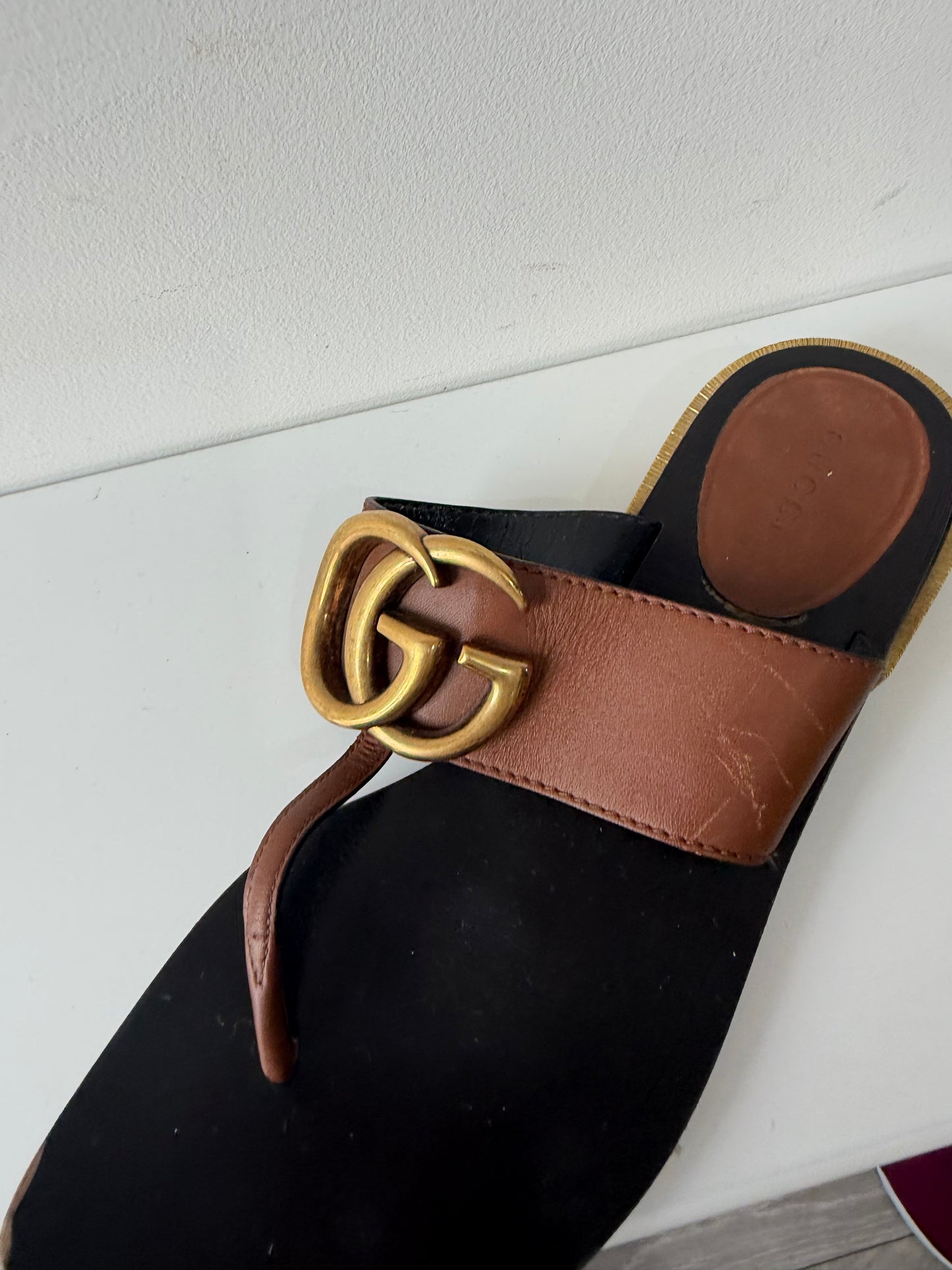 Preloved, Brown with Gold Hardware  Gucci Sandals, Size 38 - UK 5