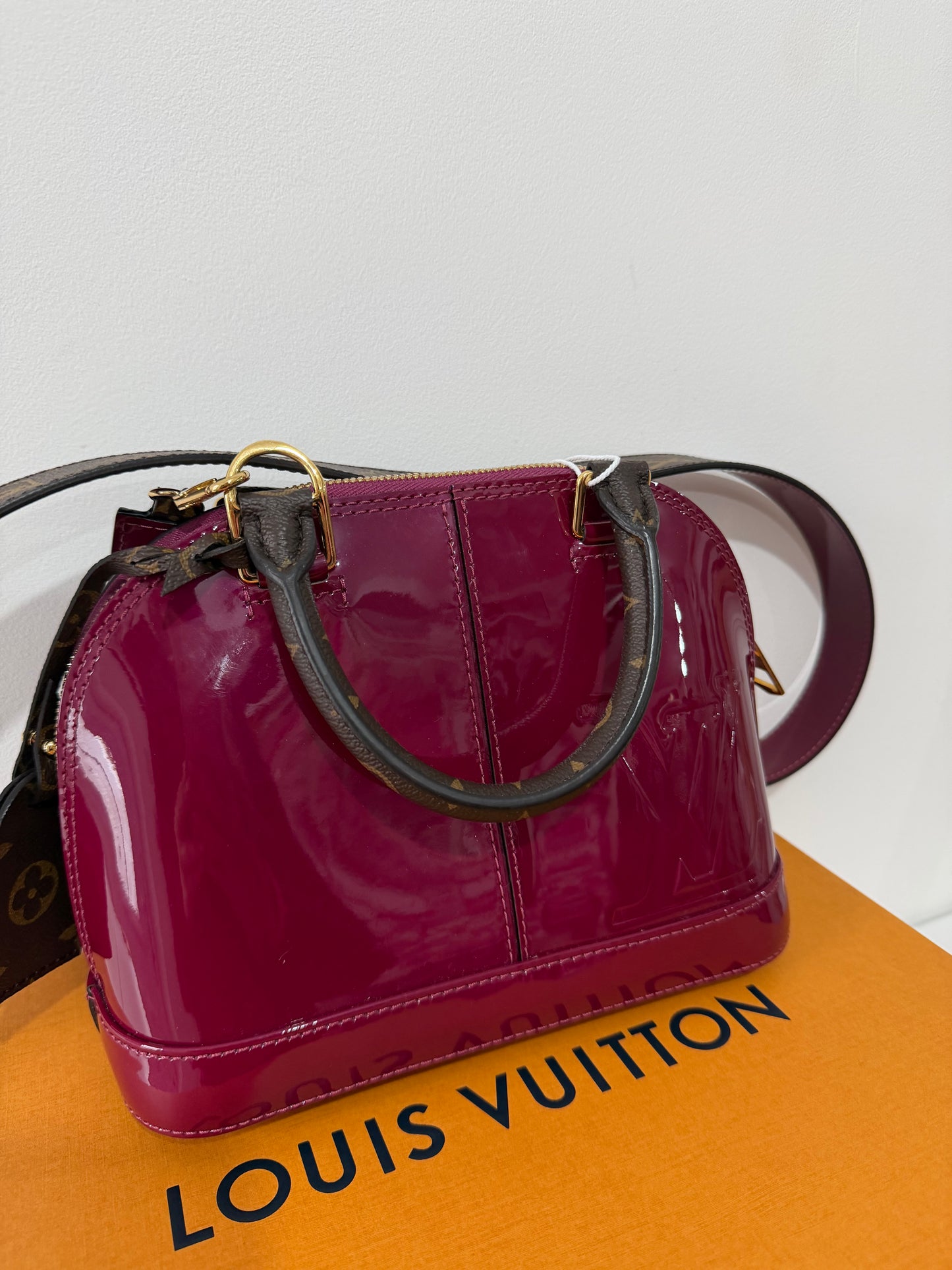 Pre-owned, Patent Burgundy and Monogram Louis Vuitton Alma BB Bag