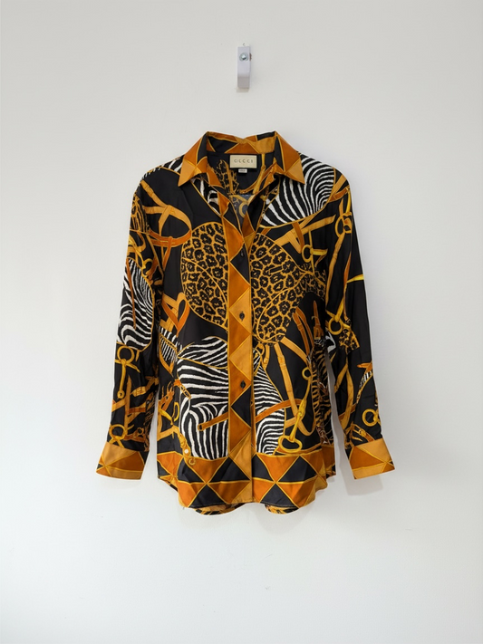 Preloved GUCCI Blouse Size 8 Multicoloured (Black, Gold, Leopard print)