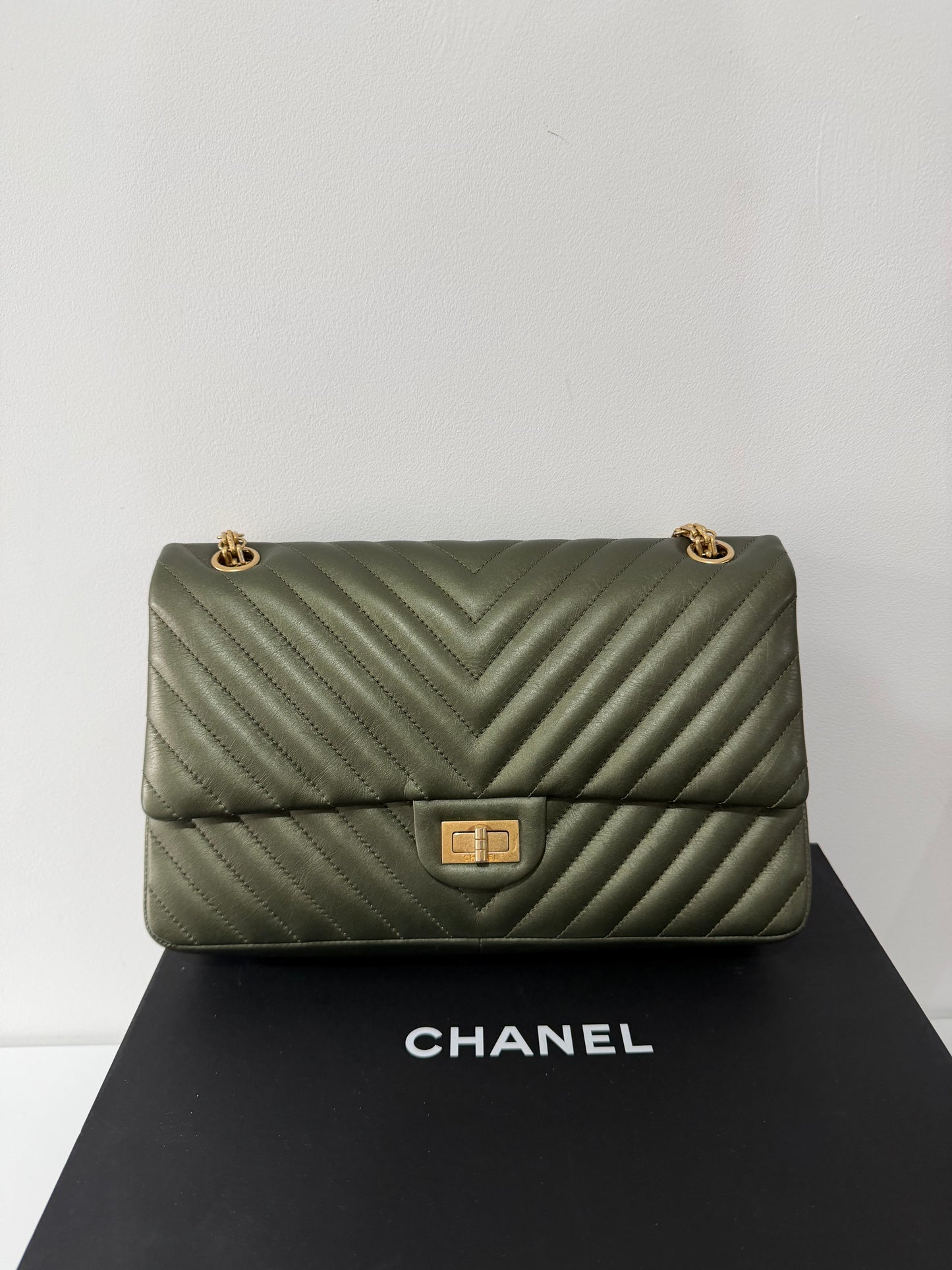 Pre-owned, Green Khaki Gold Hardware Chanel 2.55 Chevron 255 Bag