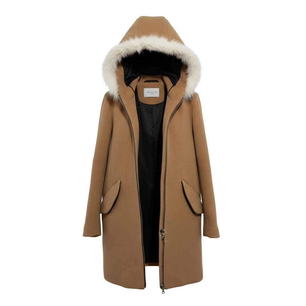 Pre-owned, Camel Sandro Fox Fur and Wool Coat, Size 8