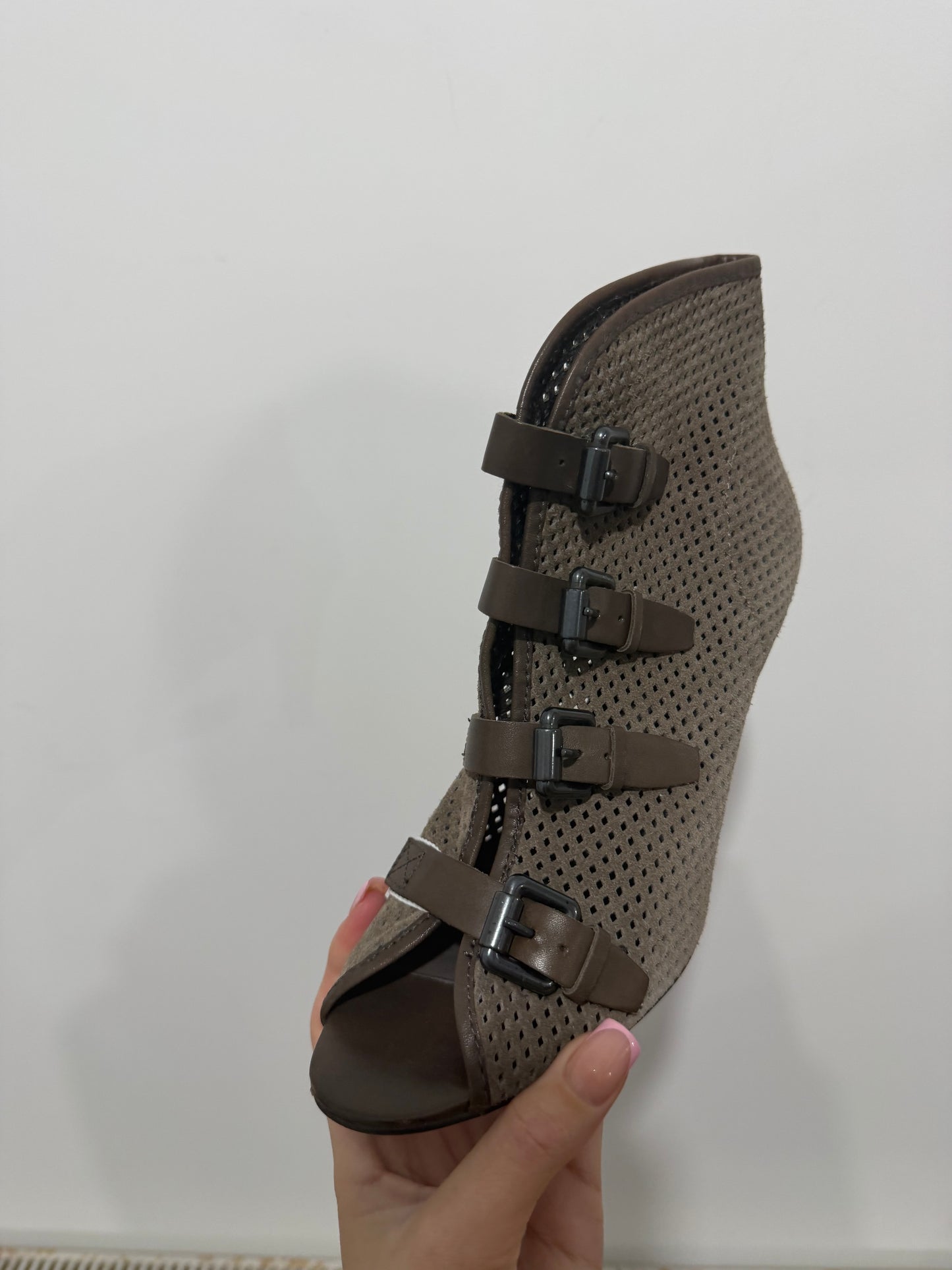 Grey Buckle Ash Heeled Boots, Size 5 - 38