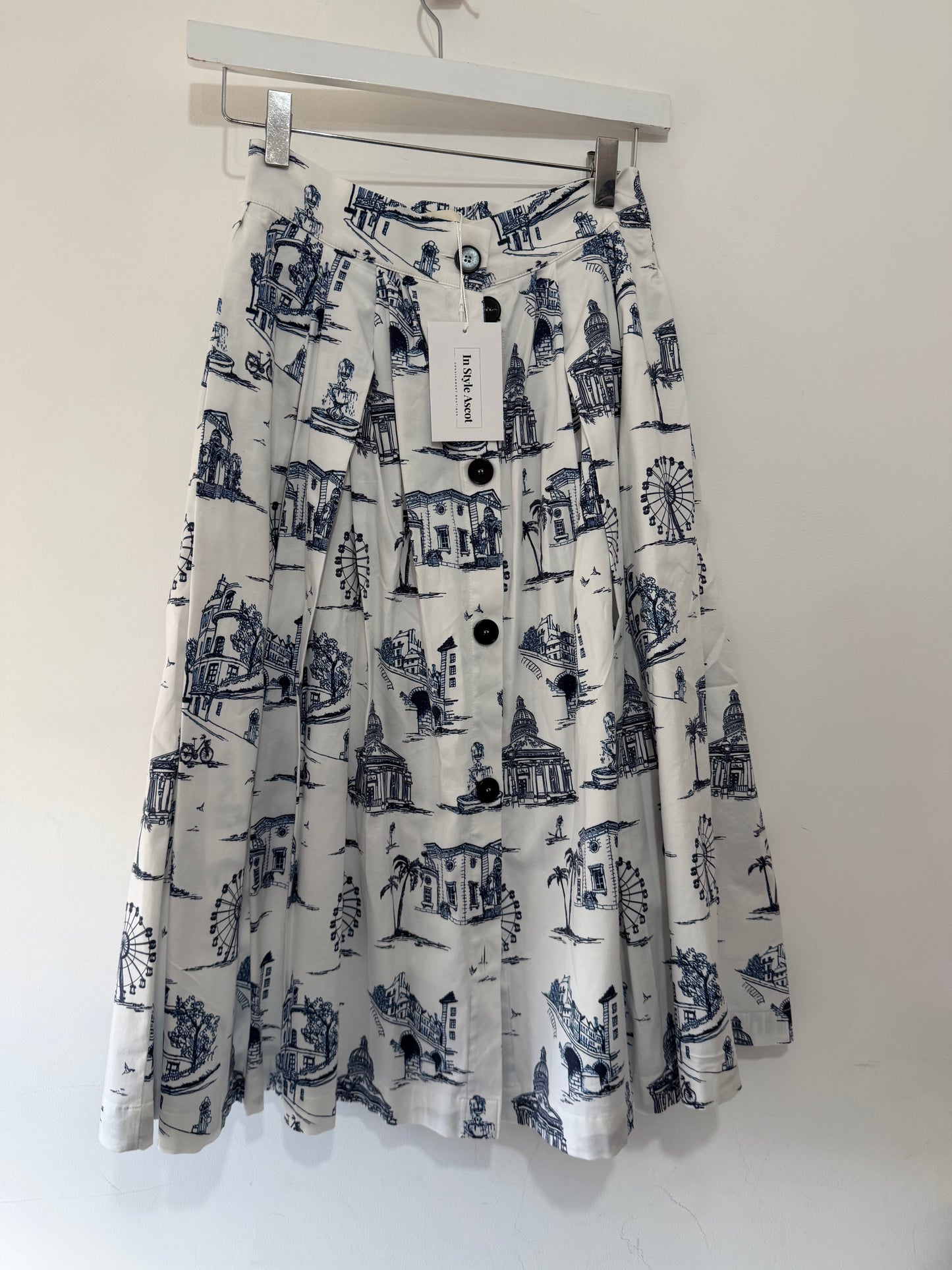 Preloved, White and Blue Maje Skirt, Size 36 UK 8