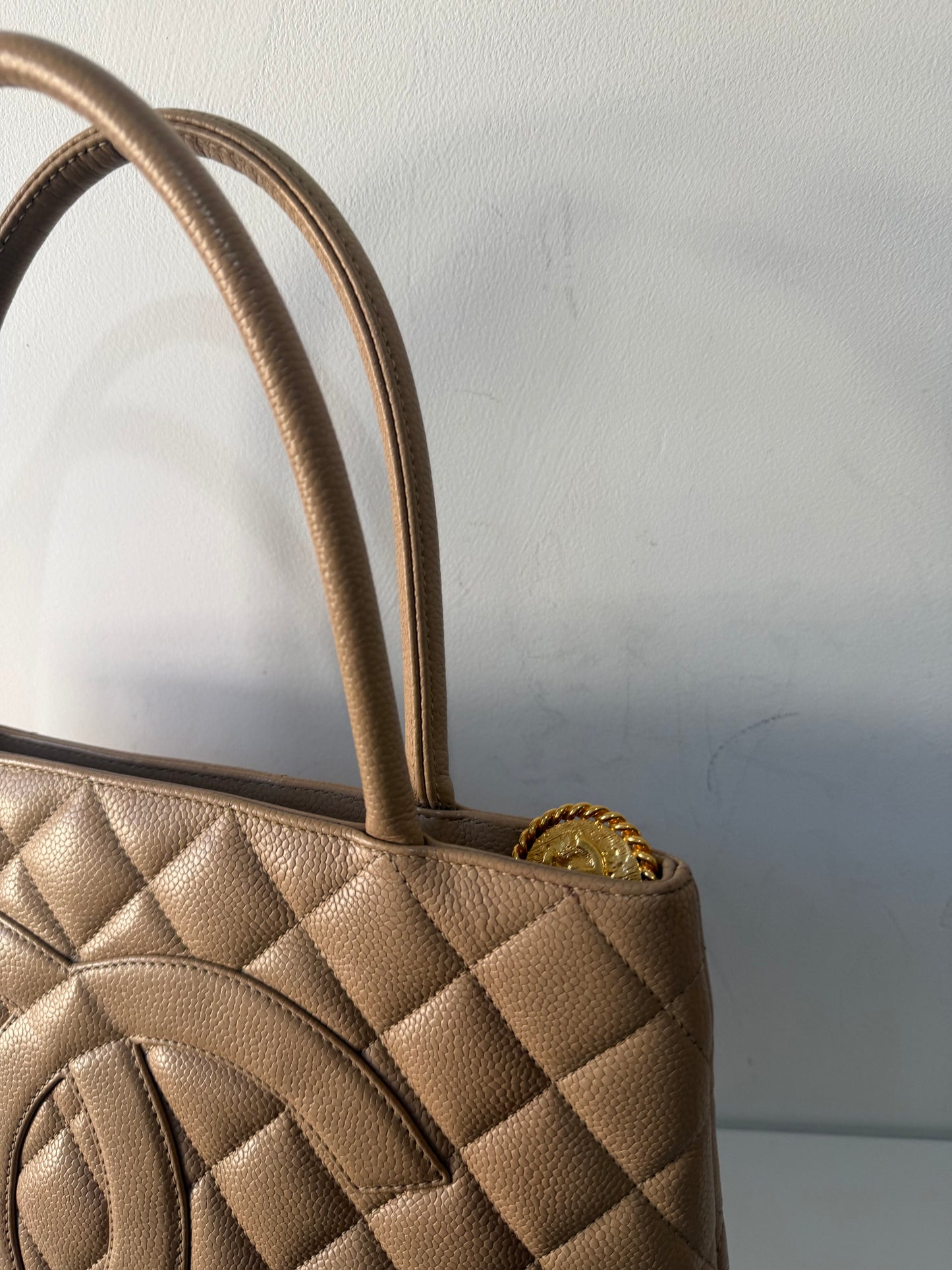 Preloved Chanel Handbag Medallion Tote Beige