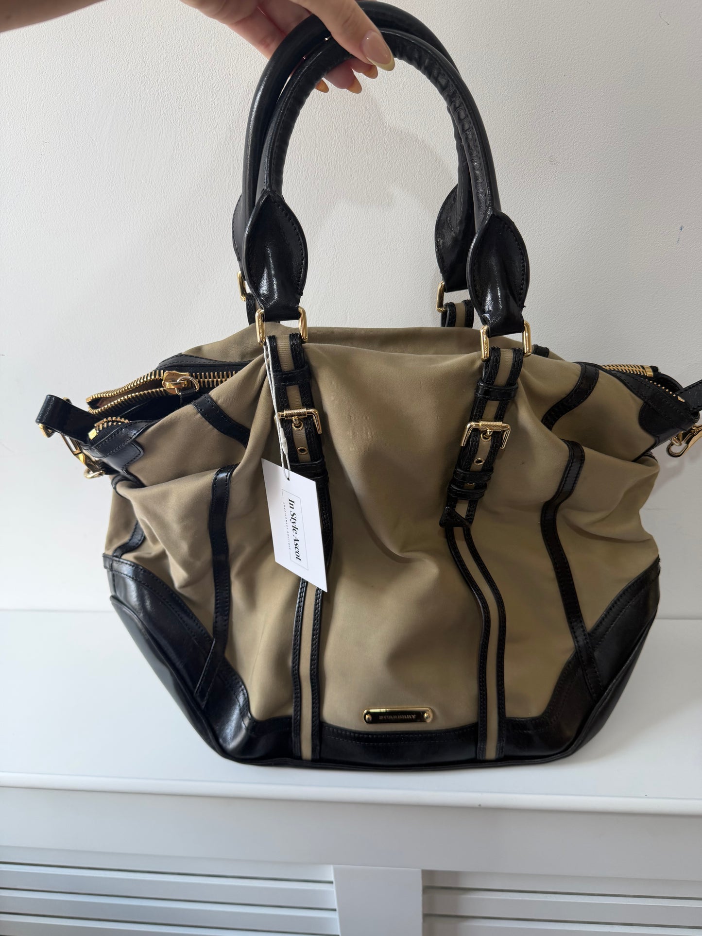 Preloved, Khaki with black leather  Burberry Tote Handbag, Small