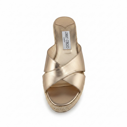 Preloved, Gold Metallic  Jimmy Choo  Braided Jute Wedge, Size 37.5 - UK 4.5