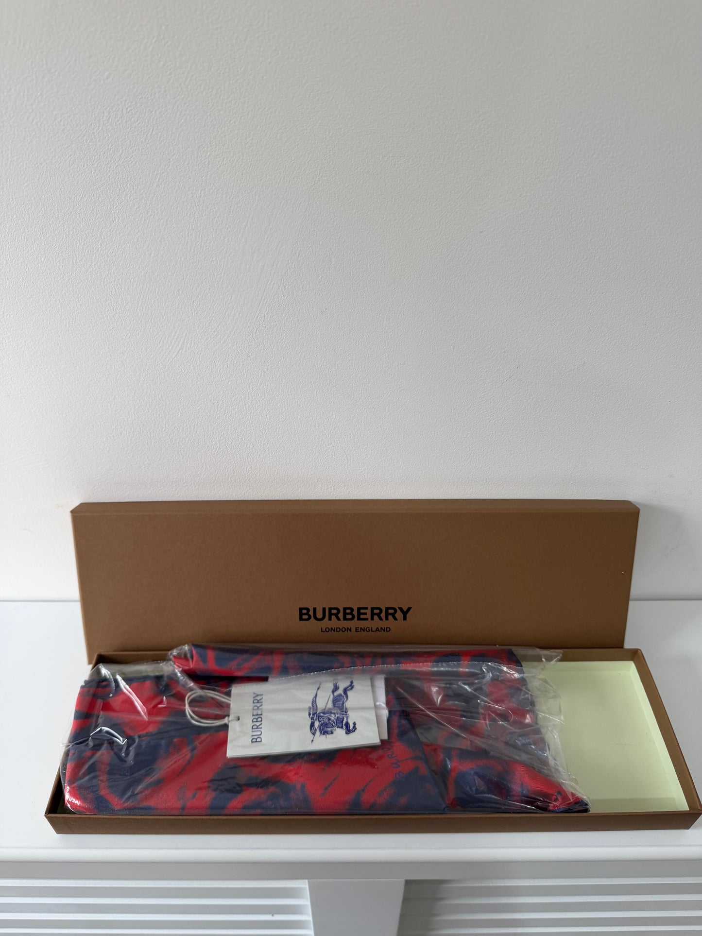 Preloved Red & Navy Burberry Silk Scarf, Brand New