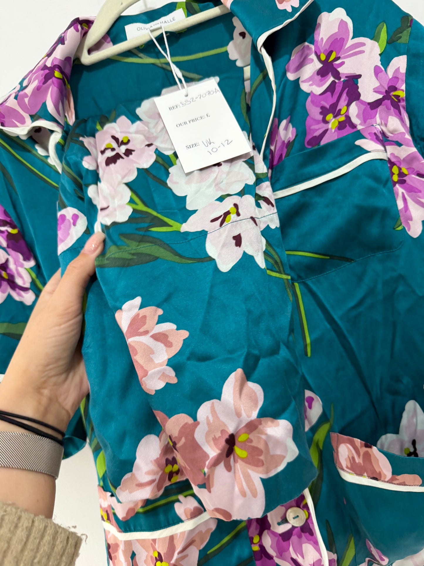 Teal with floral print Olivia Von Halle Silk Pyjama Set, Size 2 Uk- 10-12