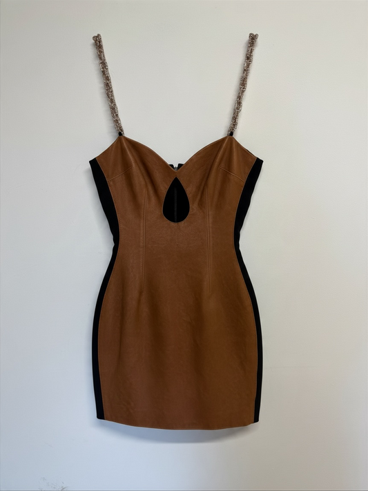 Preloved David Koma Crystal-Embellished Leather Dress Size 6 Brown and Black
