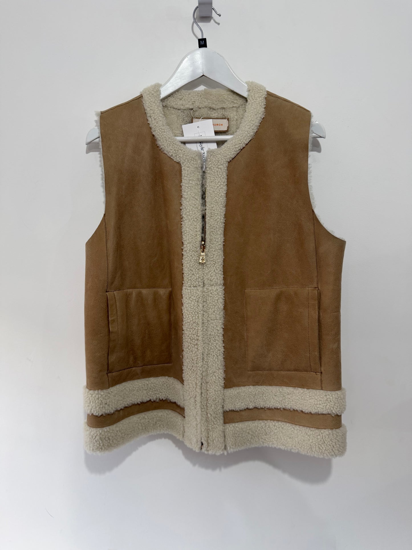 Pre-owned, Tan and Cream Tory Burch Sheepskin Gilet, Reversible Size M