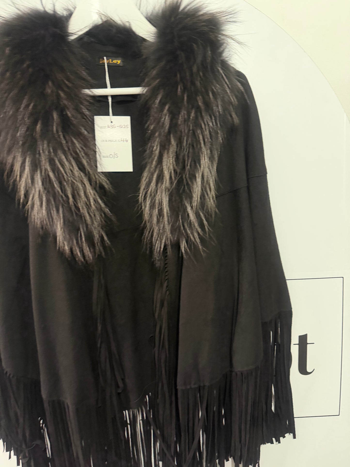 Fringe Black Suede Jayley Shawl Jacket, One Size