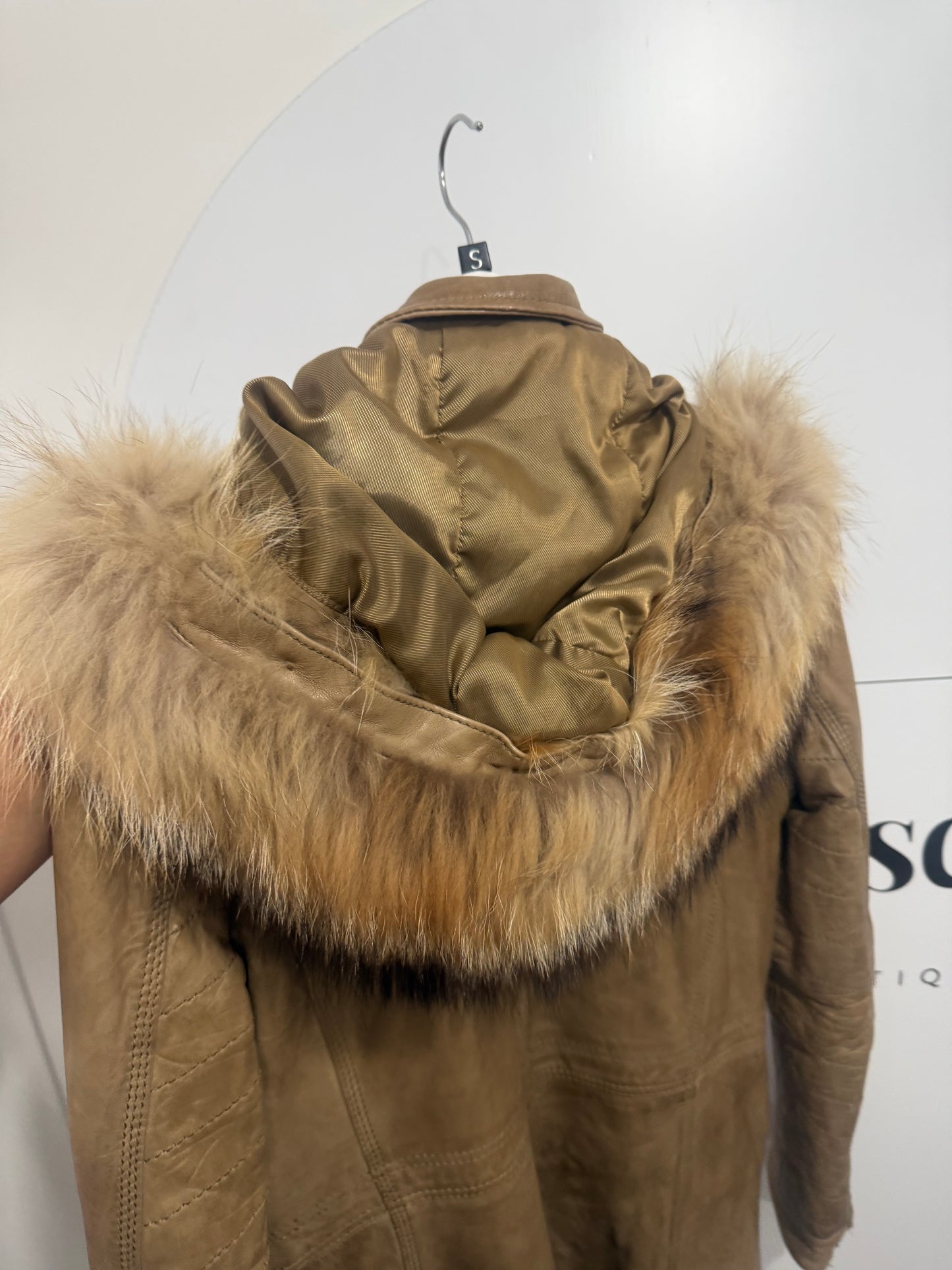 Brown Cocktail Leather and Fur Jacket, Size Small
